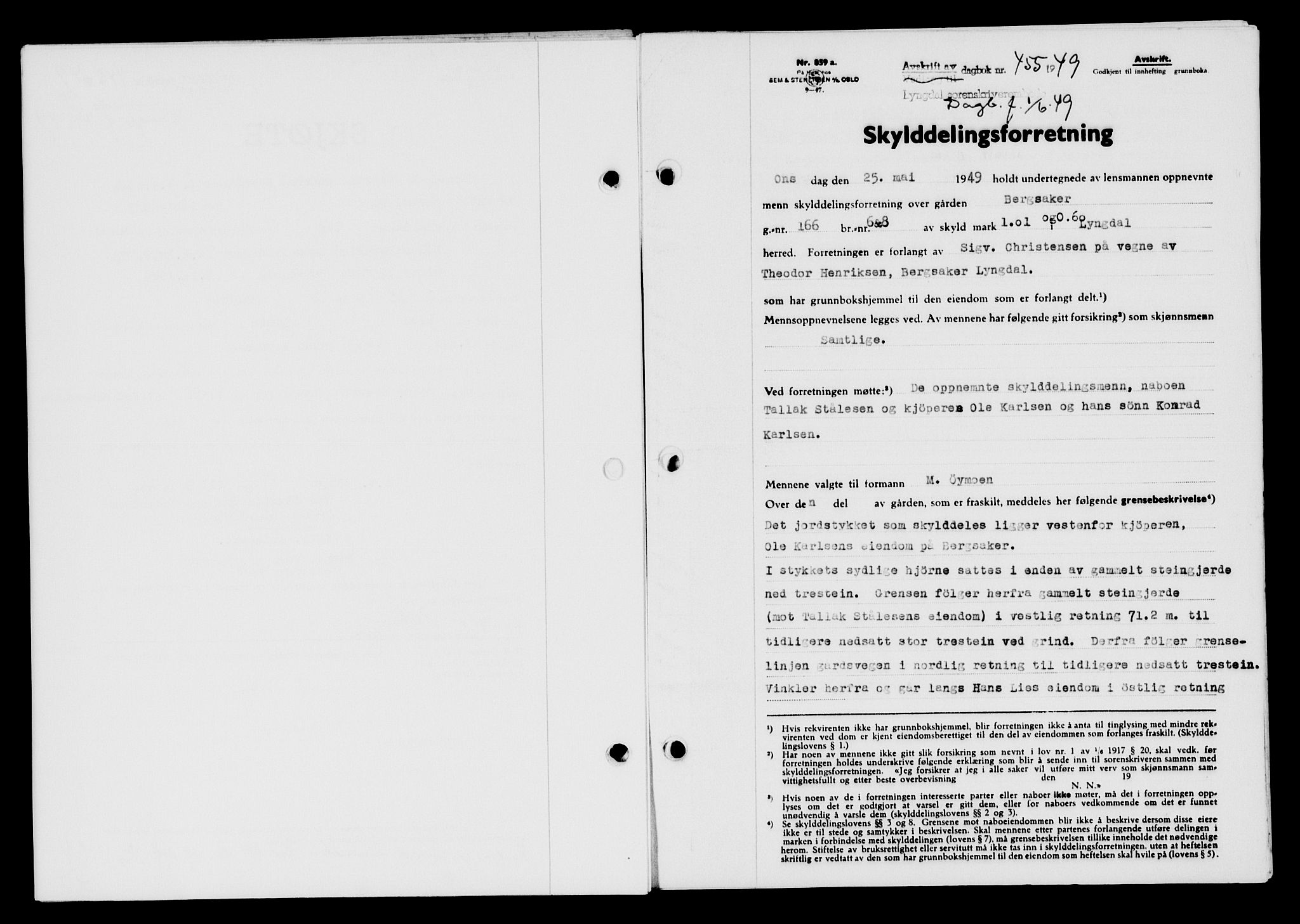 Lyngdal sorenskriveri, AV/SAK-1221-0004/G/Gb/L0663: Mortgage book no. A IX, 1948-1949, Diary no: : 455/1949