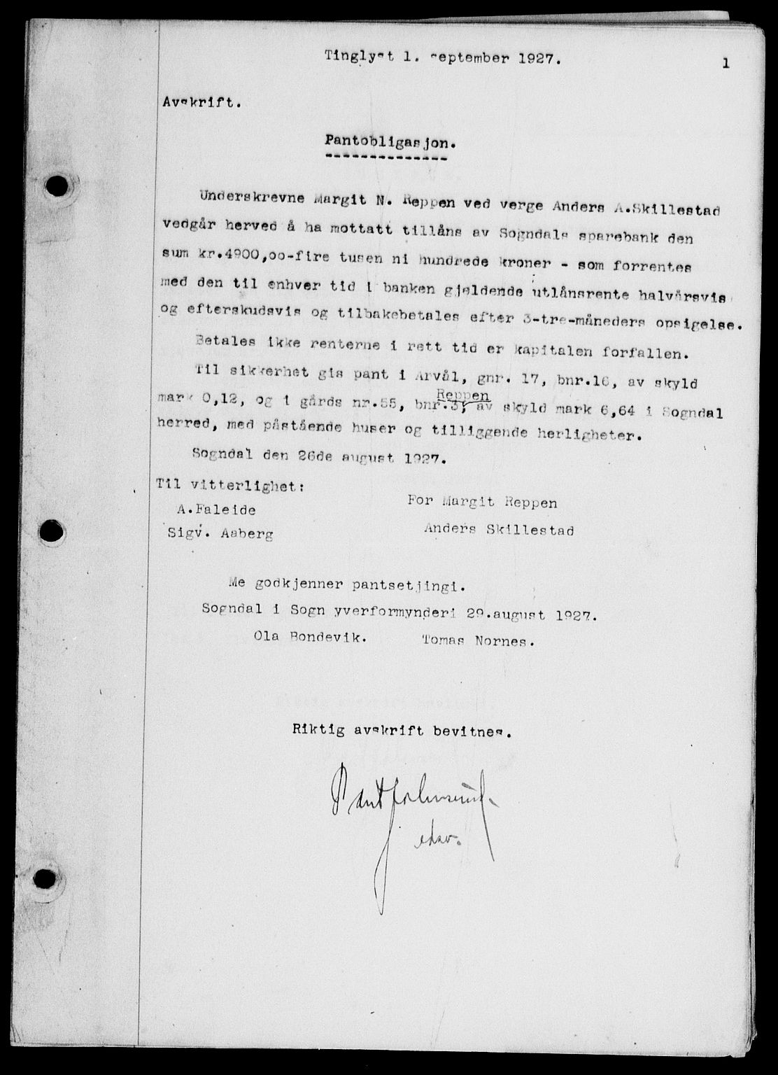 Indre Sogn tingrett, SAB/A-3301/1/G/Gb/Gba/L0023: Mortgage book no. II.B.23, 1927-1928, p. 1