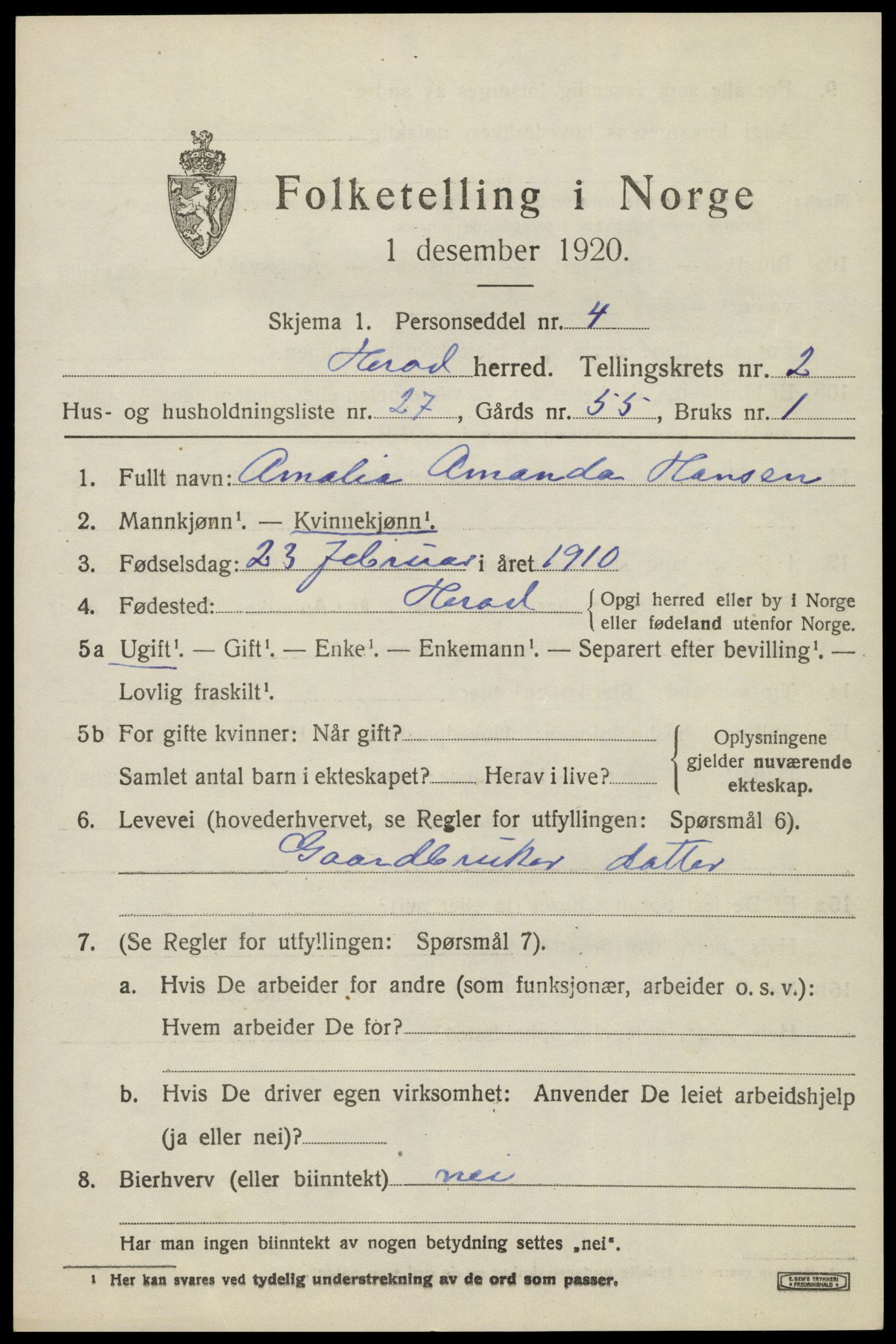 SAK, 1920 census for Herad, 1920, p. 1314