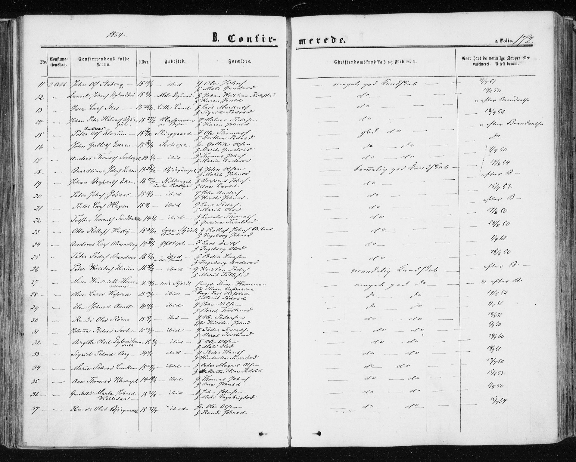 Ministerialprotokoller, klokkerbøker og fødselsregistre - Nord-Trøndelag, SAT/A-1458/709/L0075: Parish register (official) no. 709A15, 1859-1870, p. 172
