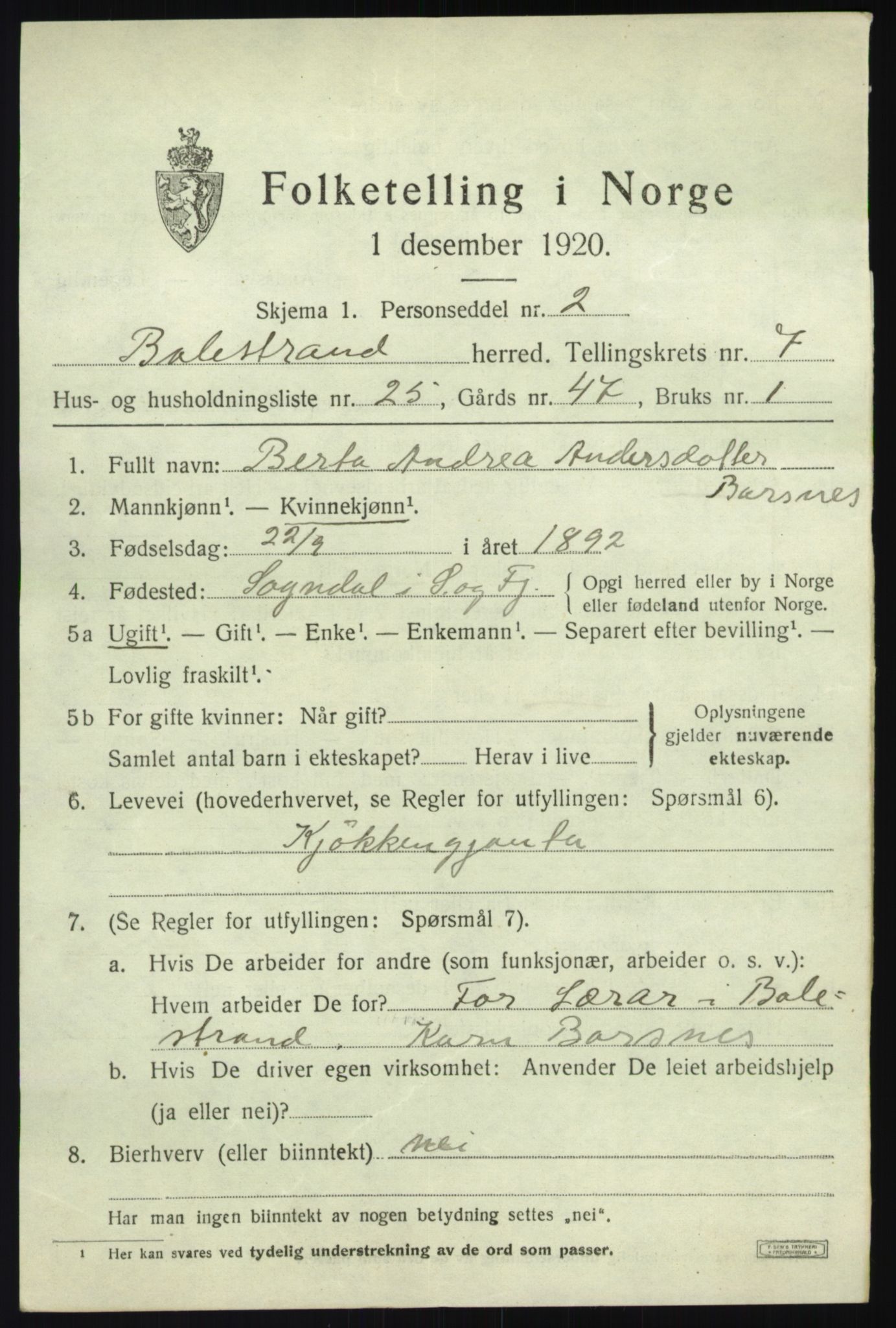 SAB, 1920 census for Balestrand, 1920, p. 3364