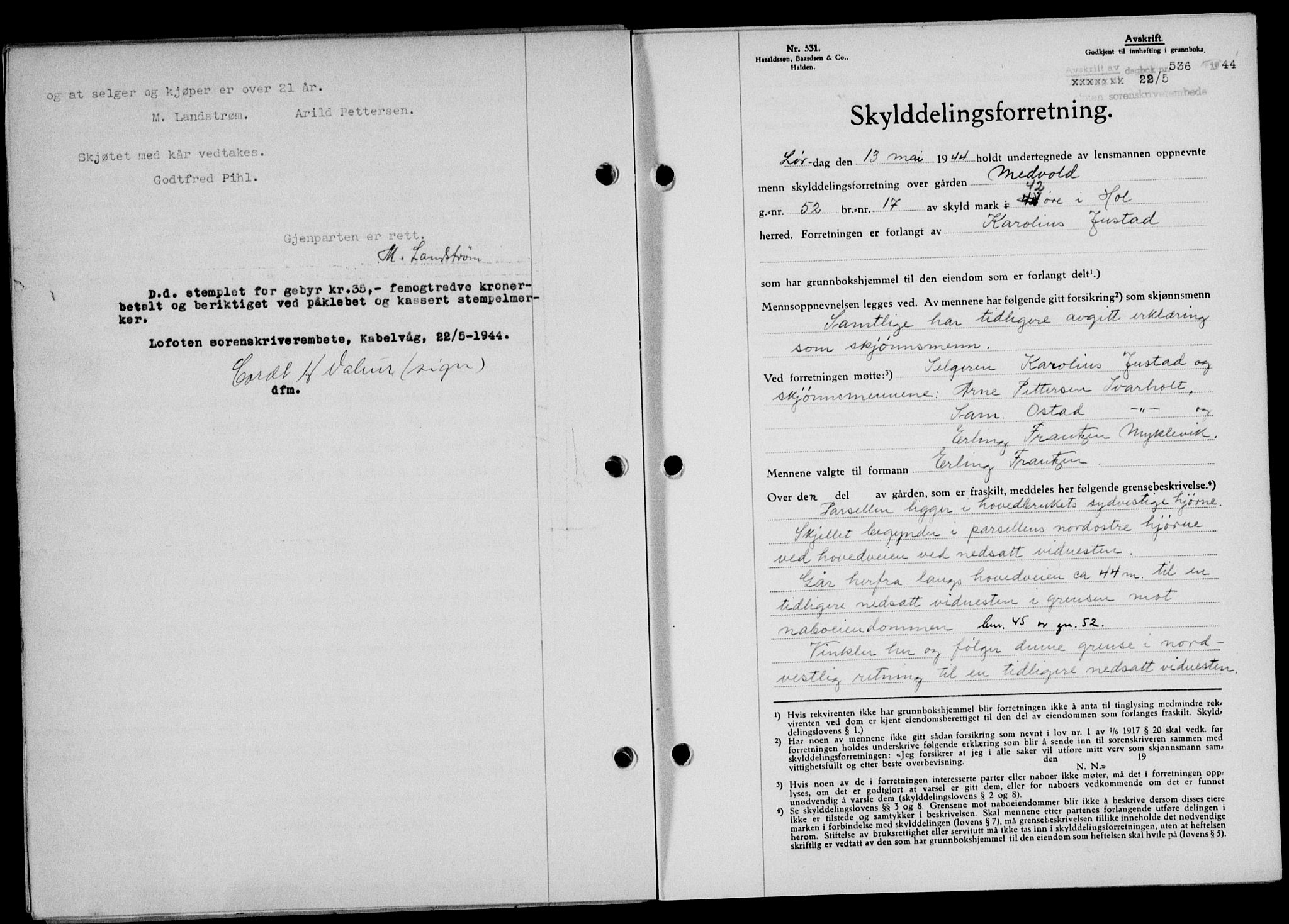 Lofoten sorenskriveri, SAT/A-0017/1/2/2C/L0012a: Mortgage book no. 12a, 1943-1944, Diary no: : 536/1944