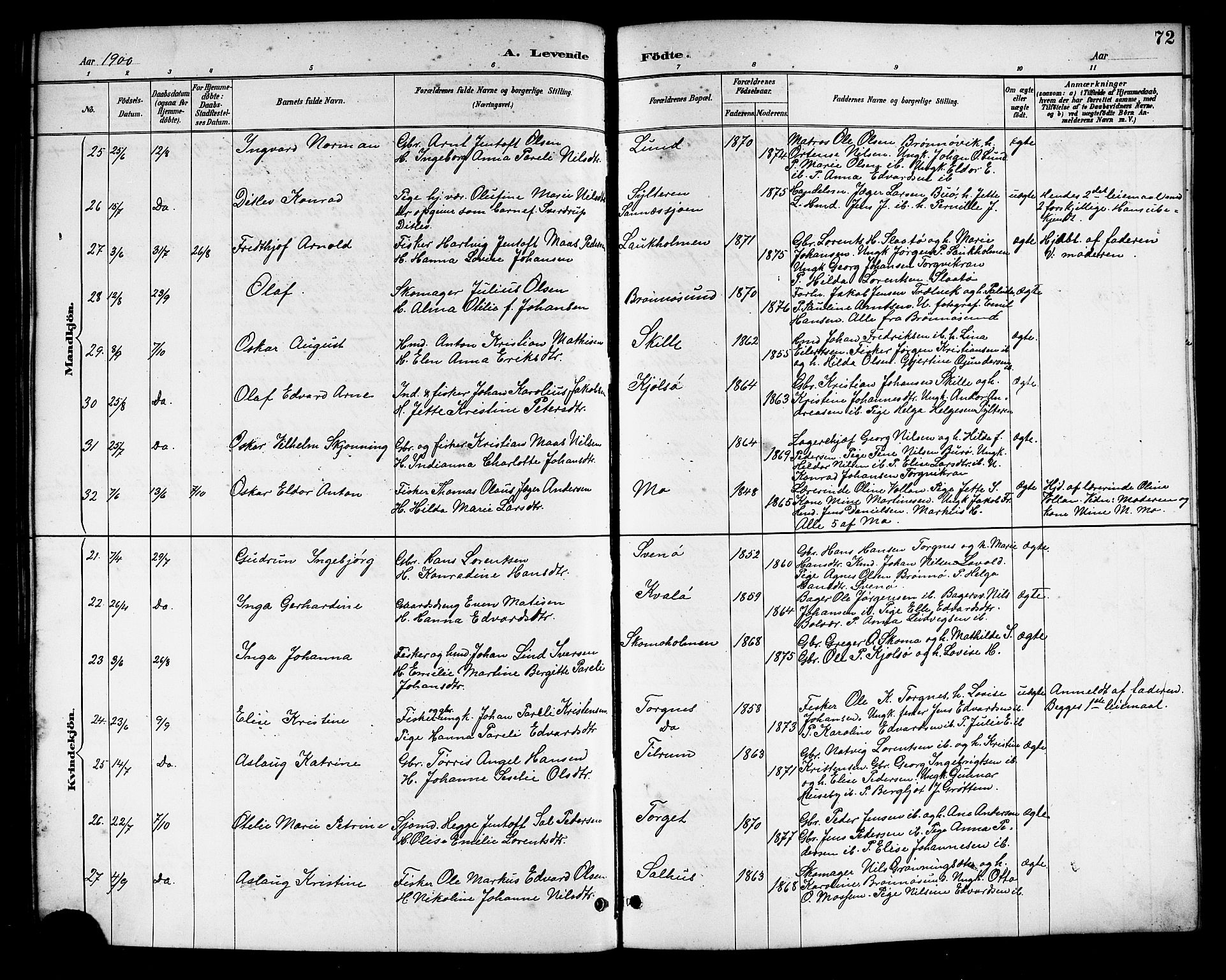 Ministerialprotokoller, klokkerbøker og fødselsregistre - Nordland, AV/SAT-A-1459/813/L0213: Parish register (copy) no. 813C05, 1887-1903, p. 72