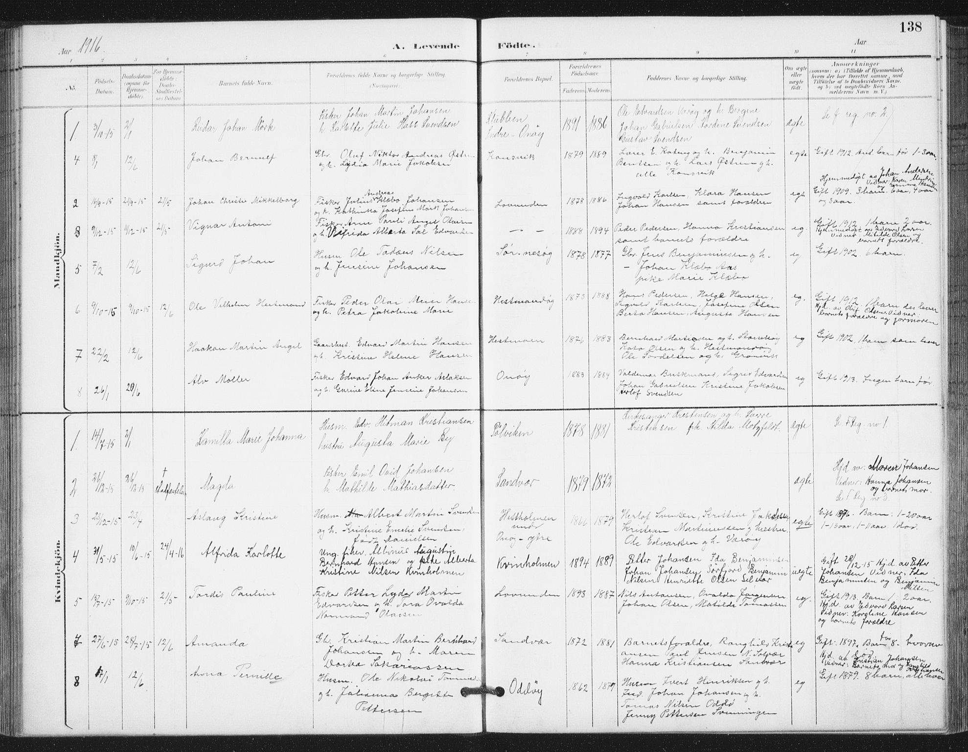 Ministerialprotokoller, klokkerbøker og fødselsregistre - Nordland, AV/SAT-A-1459/839/L0573: Parish register (copy) no. 839C03, 1892-1917, p. 138