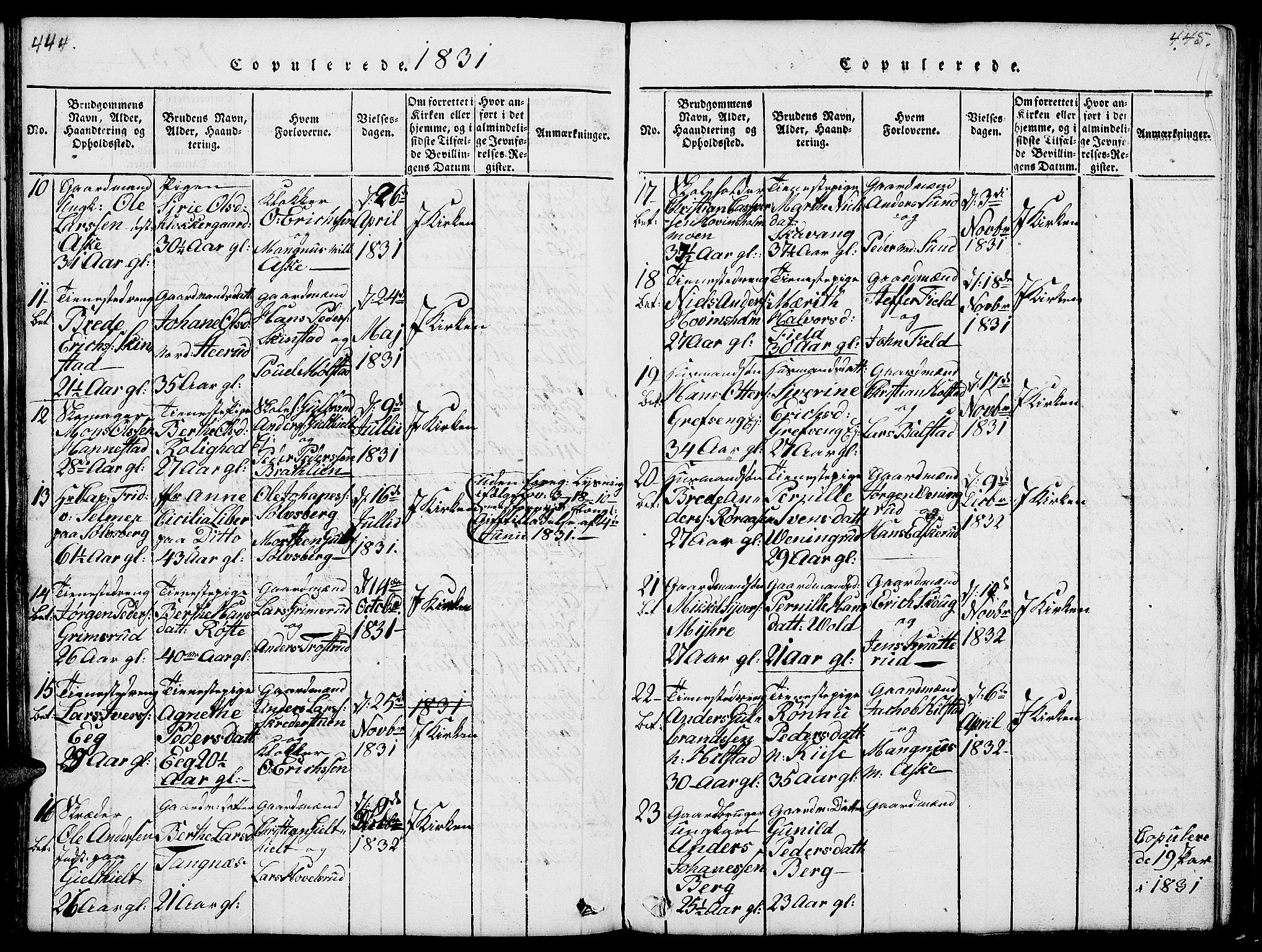 Nes prestekontor, Hedmark, AV/SAH-PREST-020/L/La/L0003: Parish register (copy) no. 3, 1814-1831, p. 444-445