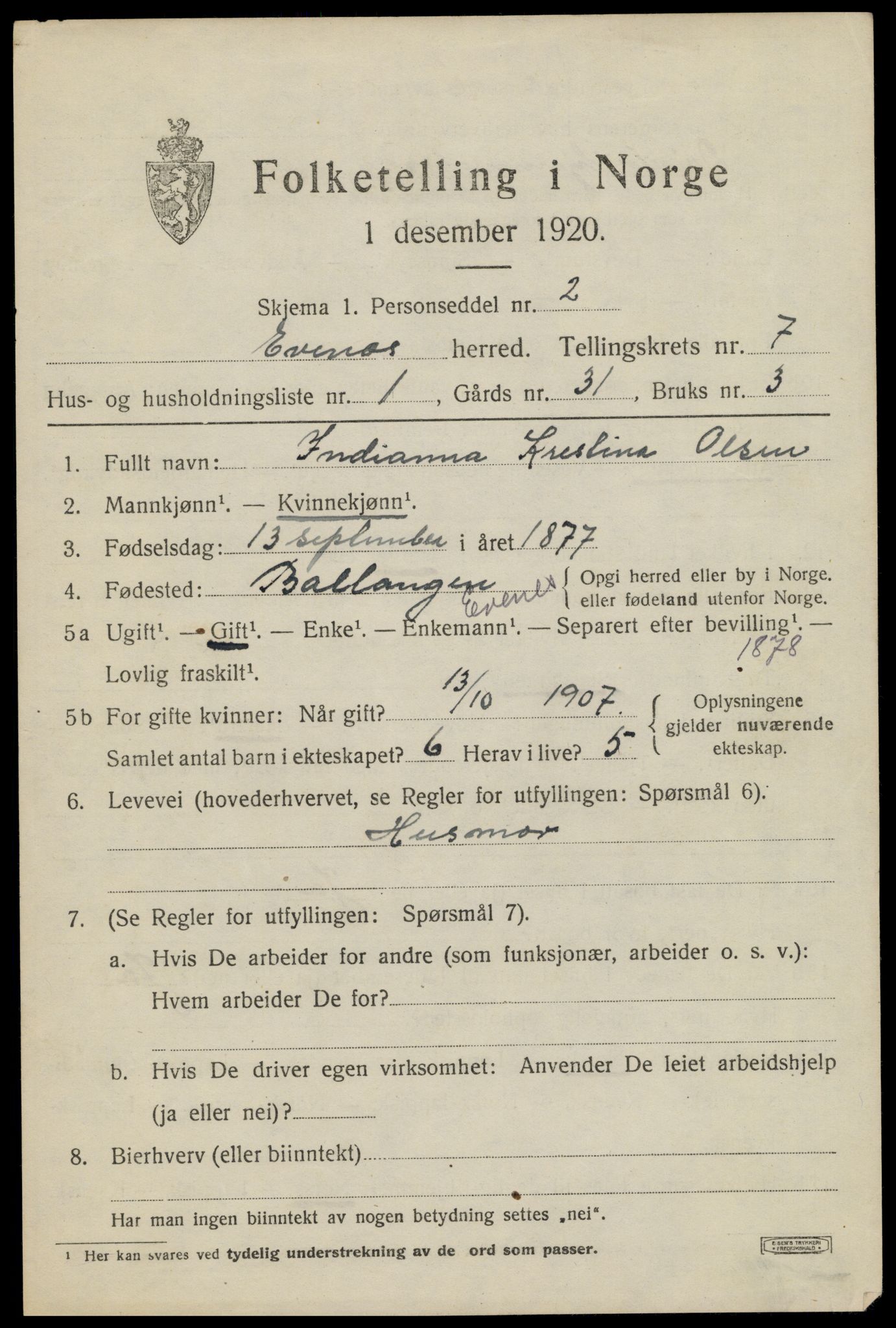 SAT, 1920 census for Evenes, 1920, p. 6118