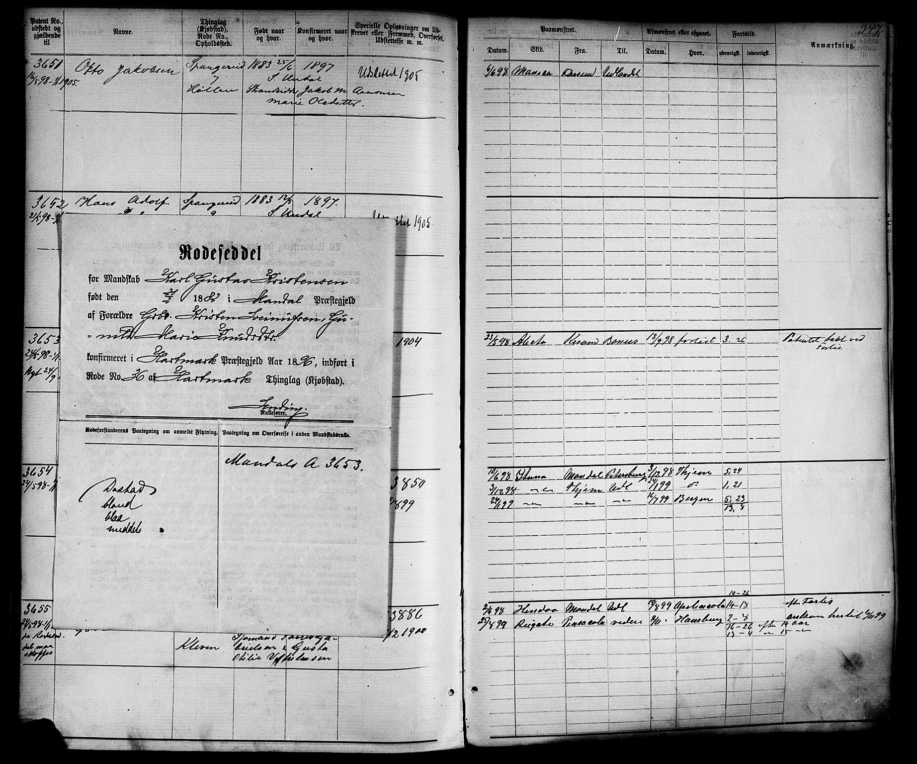 Mandal mønstringskrets, SAK/2031-0016/F/Fa/L0002: Annotasjonsrulle nr 1921-3830 med register, L-4, 1881-1901, p. 391