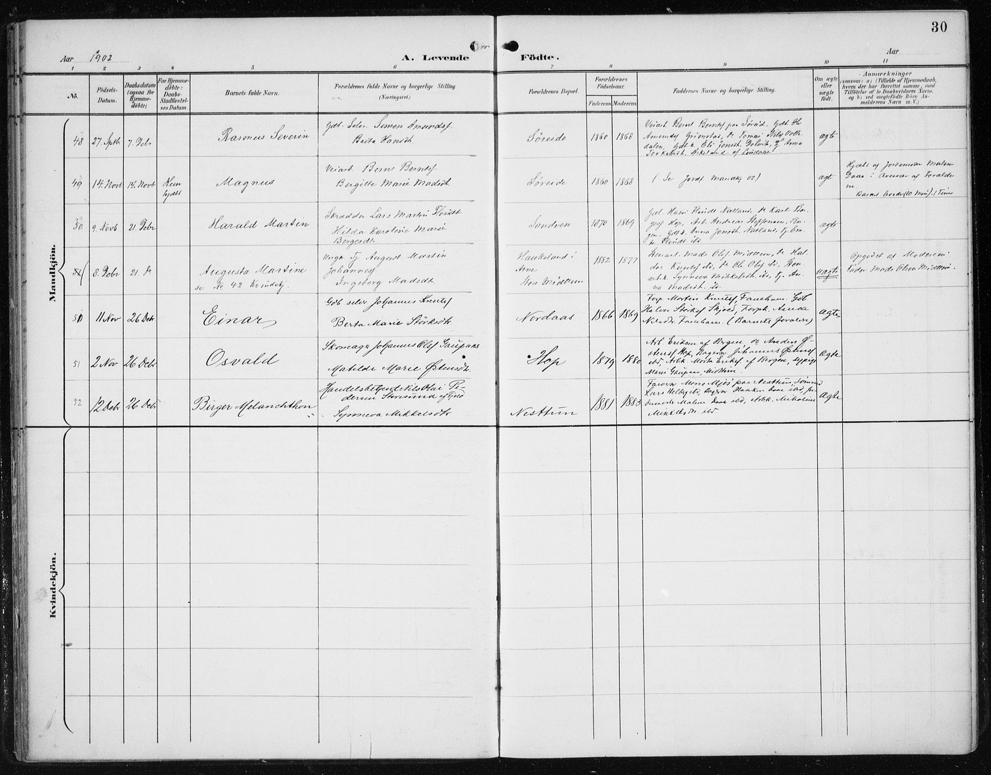 Fana Sokneprestembete, SAB/A-75101/H/Haa/Haai/L0003: Parish register (official) no. I 3, 1900-1912, p. 30