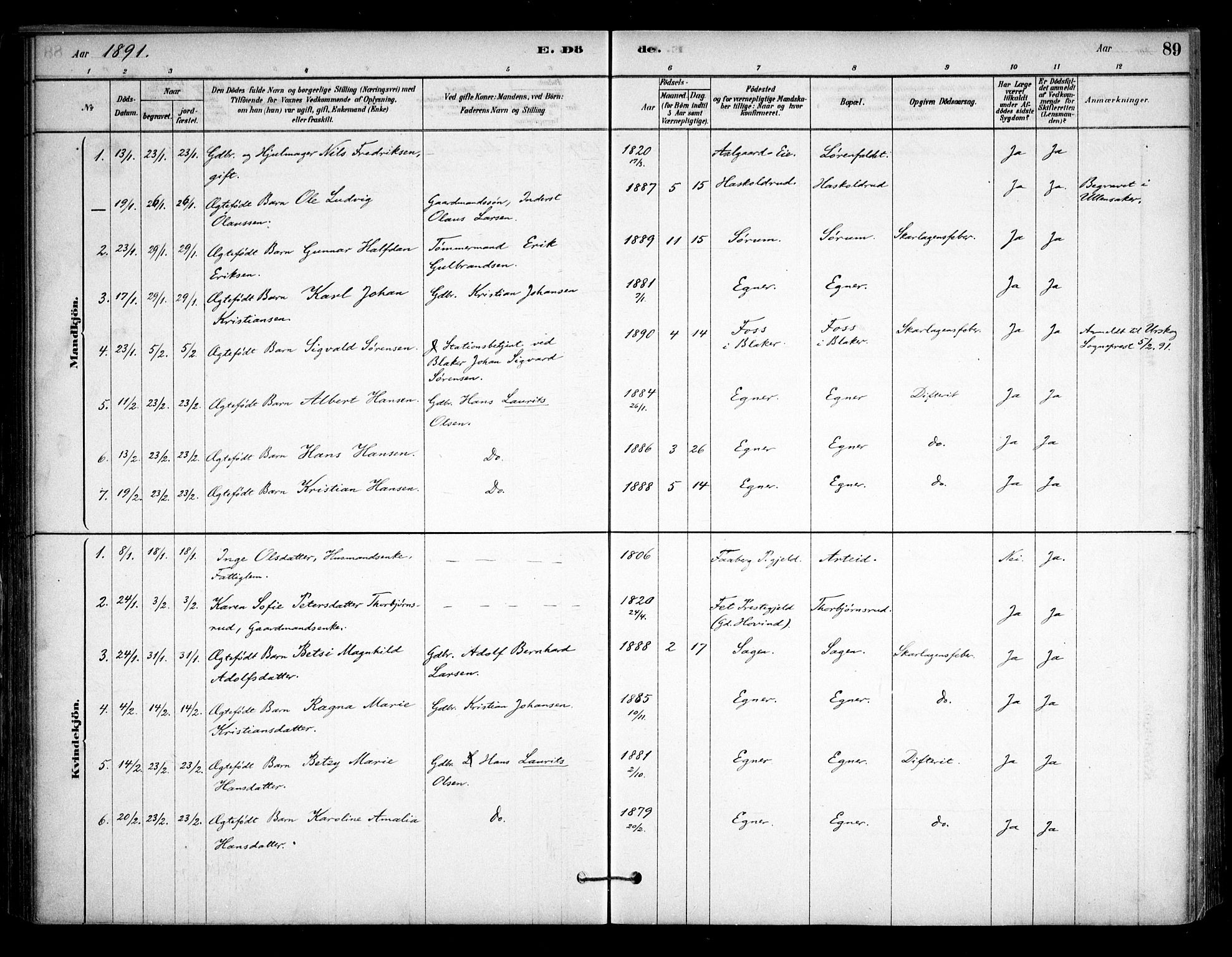 Sørum prestekontor Kirkebøker, SAO/A-10303/F/Fa/L0008: Parish register (official) no. I 8, 1878-1914, p. 89