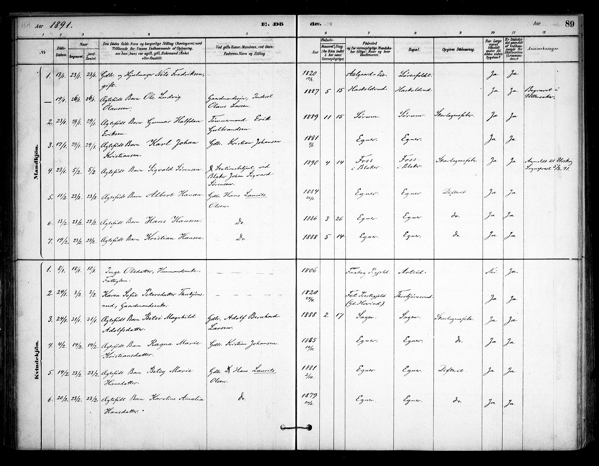 Sørum prestekontor Kirkebøker, AV/SAO-A-10303/F/Fa/L0008: Parish register (official) no. I 8, 1878-1914, p. 89