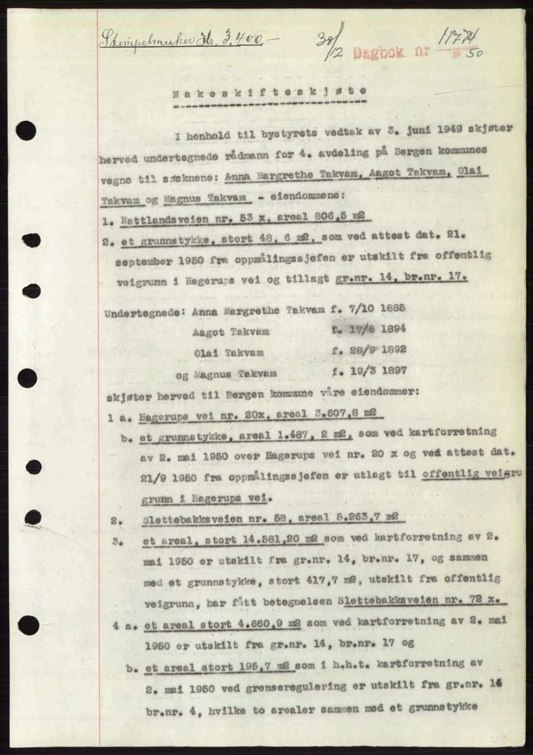 Byfogd og Byskriver i Bergen, AV/SAB-A-3401/03/03Bc/L0034: Mortgage book no. A27-28, 1950-1950, Diary no: : 11774/1950
