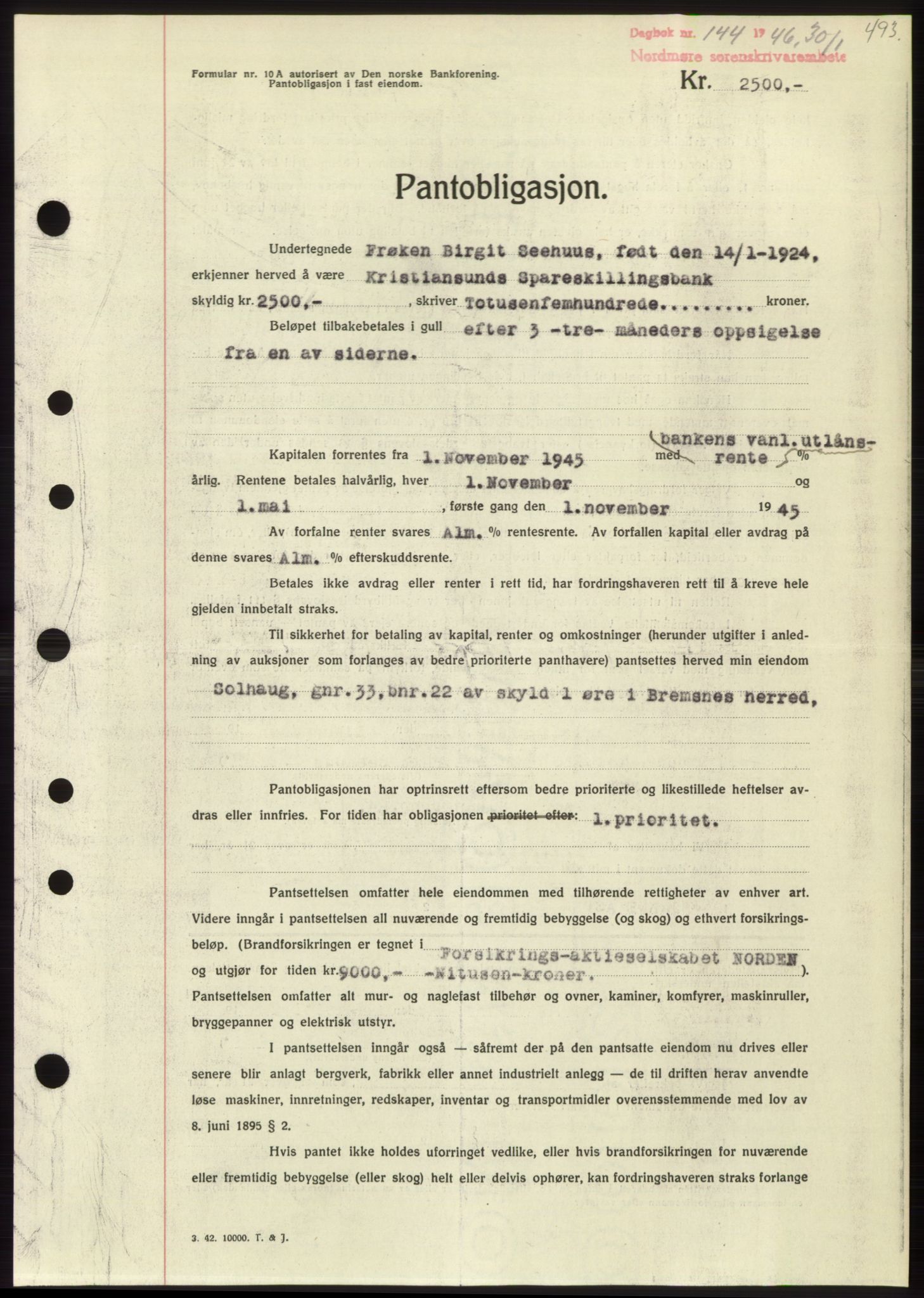 Nordmøre sorenskriveri, AV/SAT-A-4132/1/2/2Ca: Mortgage book no. B93b, 1946-1946, Diary no: : 144/1946