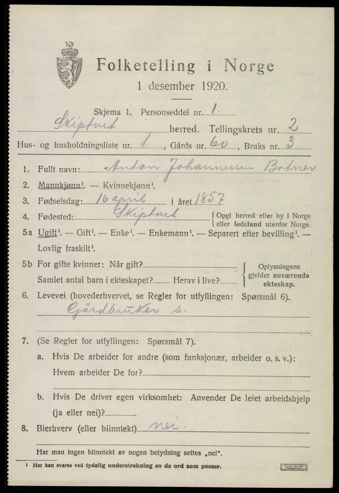 SAO, 1920 census for Skiptvet, 1920, p. 1853