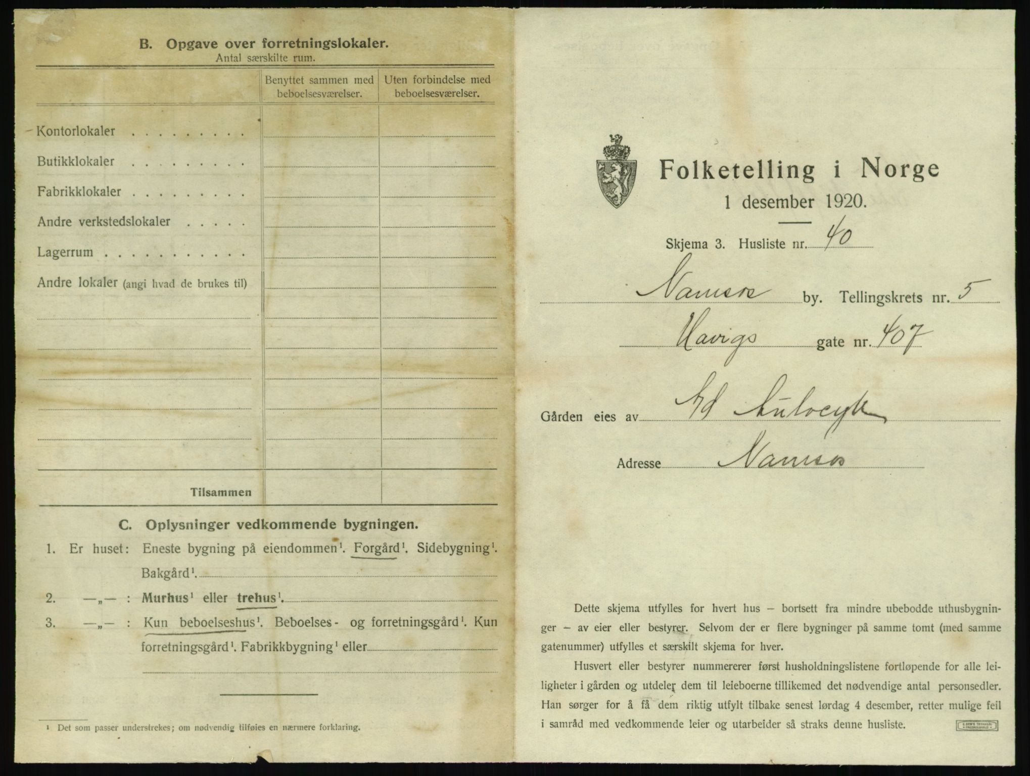 SAT, 1920 census for Namsos, 1920, p. 601