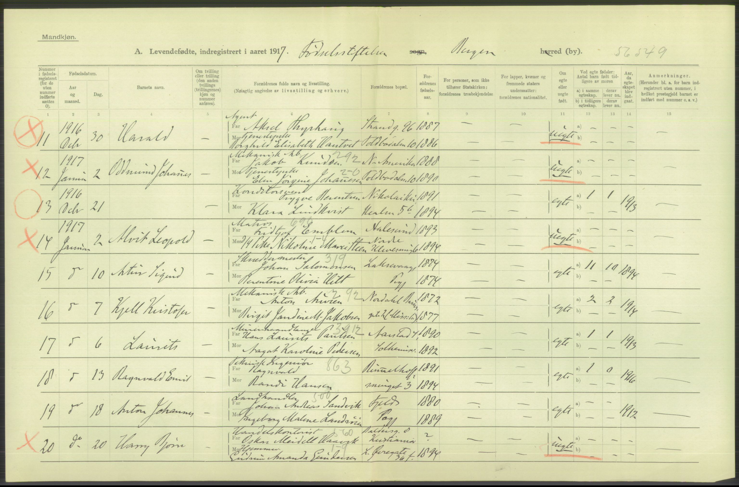 Statistisk sentralbyrå, Sosiodemografiske emner, Befolkning, AV/RA-S-2228/D/Df/Dfb/Dfbg/L0037: Bergen: Levendefødte menn og kvinner., 1917, p. 122
