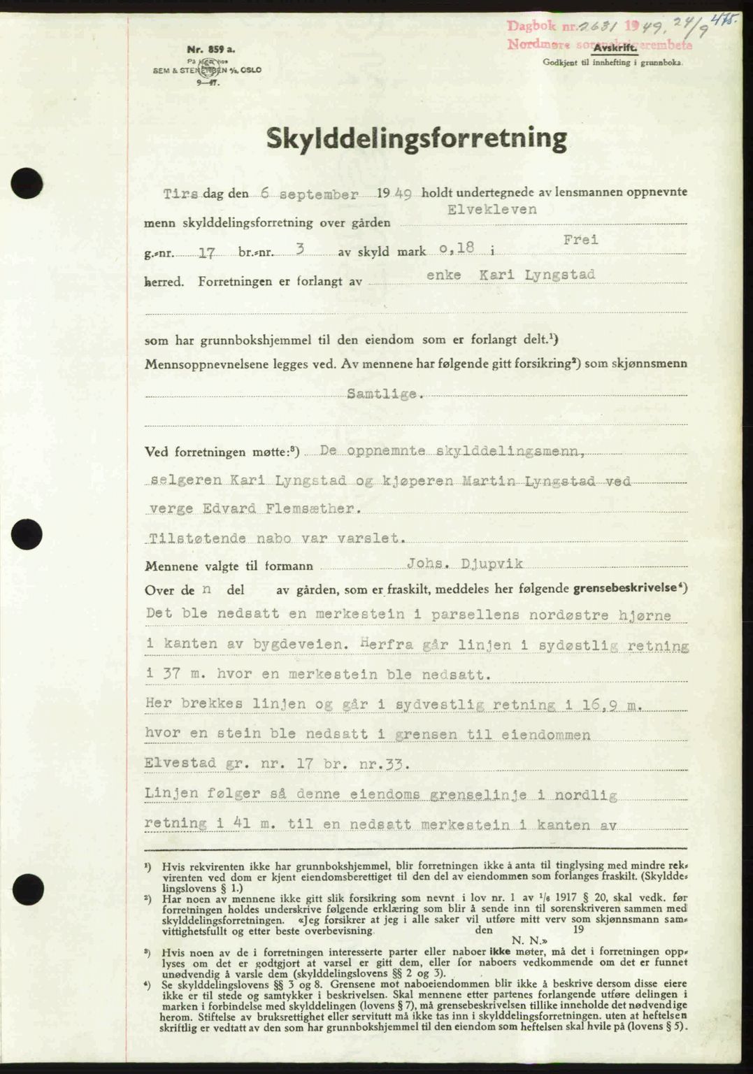 Nordmøre sorenskriveri, AV/SAT-A-4132/1/2/2Ca: Mortgage book no. A112, 1949-1949, Diary no: : 2631/1949