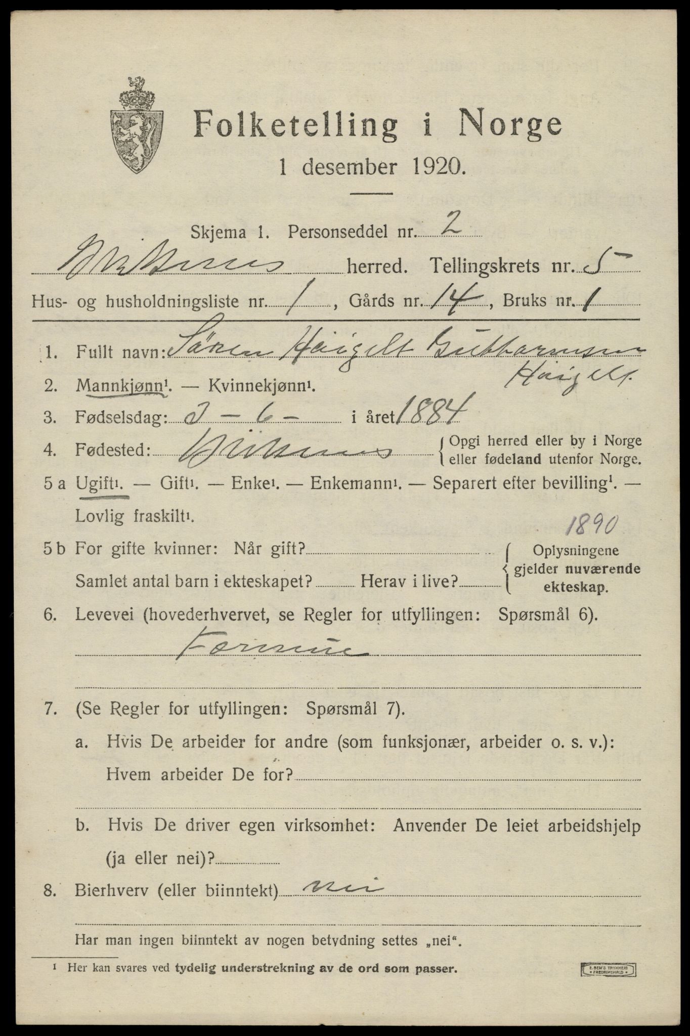 SAK, 1920 census for Birkenes, 1920, p. 3017