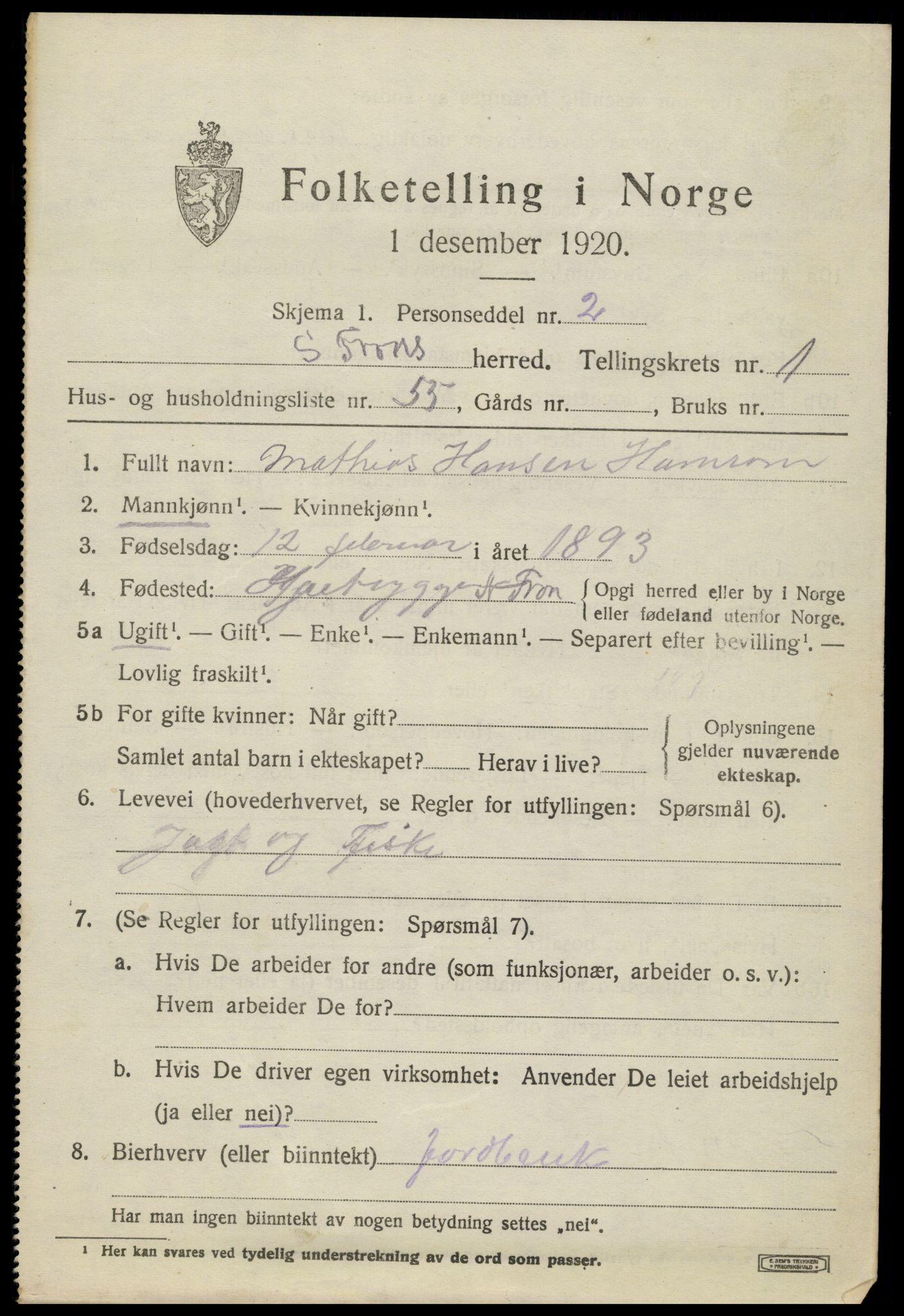 SAH, 1920 census for Sør-Fron, 1920, p. 1893
