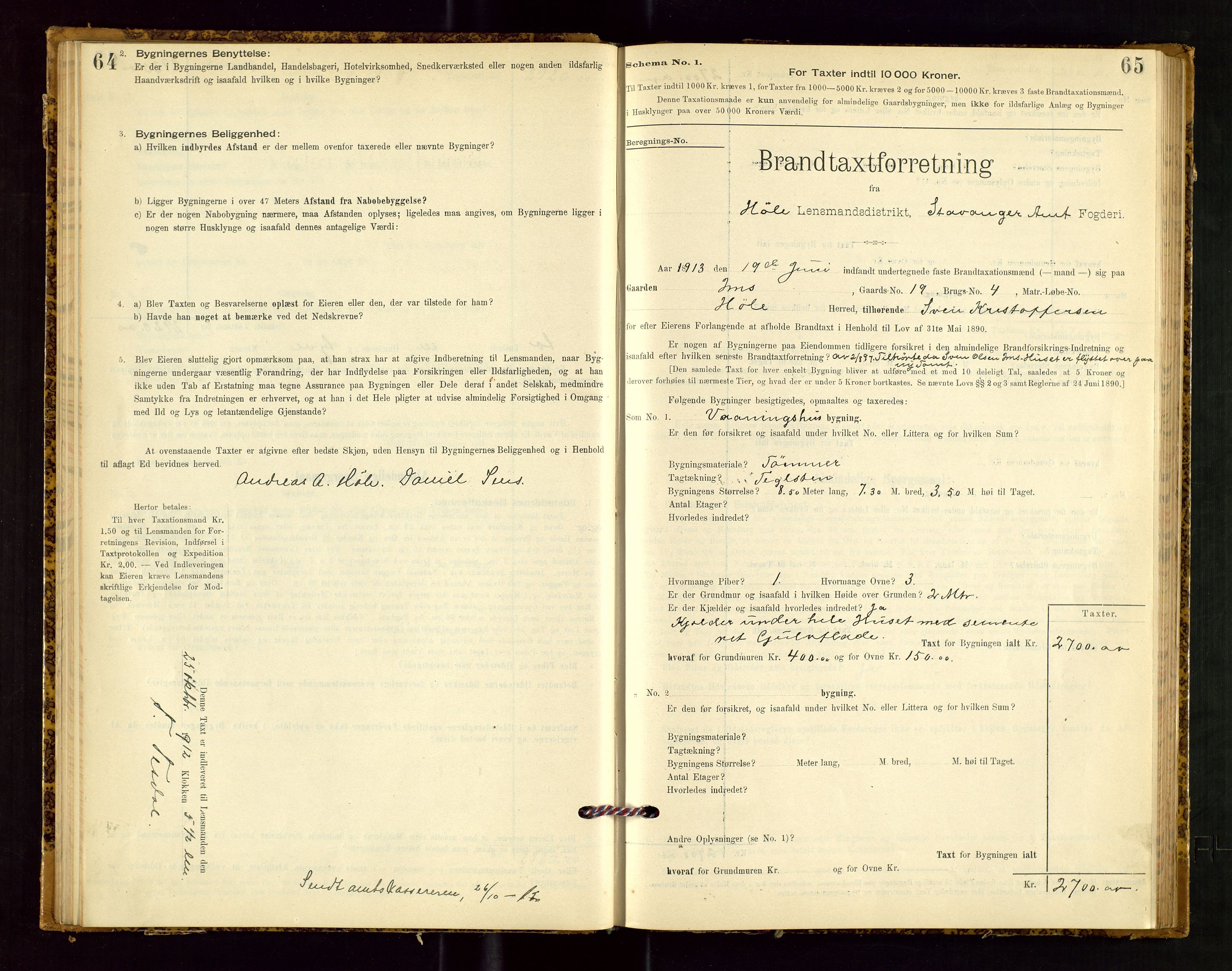 Høle og Forsand lensmannskontor, SAST/A-100127/Gob/L0001: "Brandtaxtprotokol" - skjematakst, 1897-1940, p. 64-65