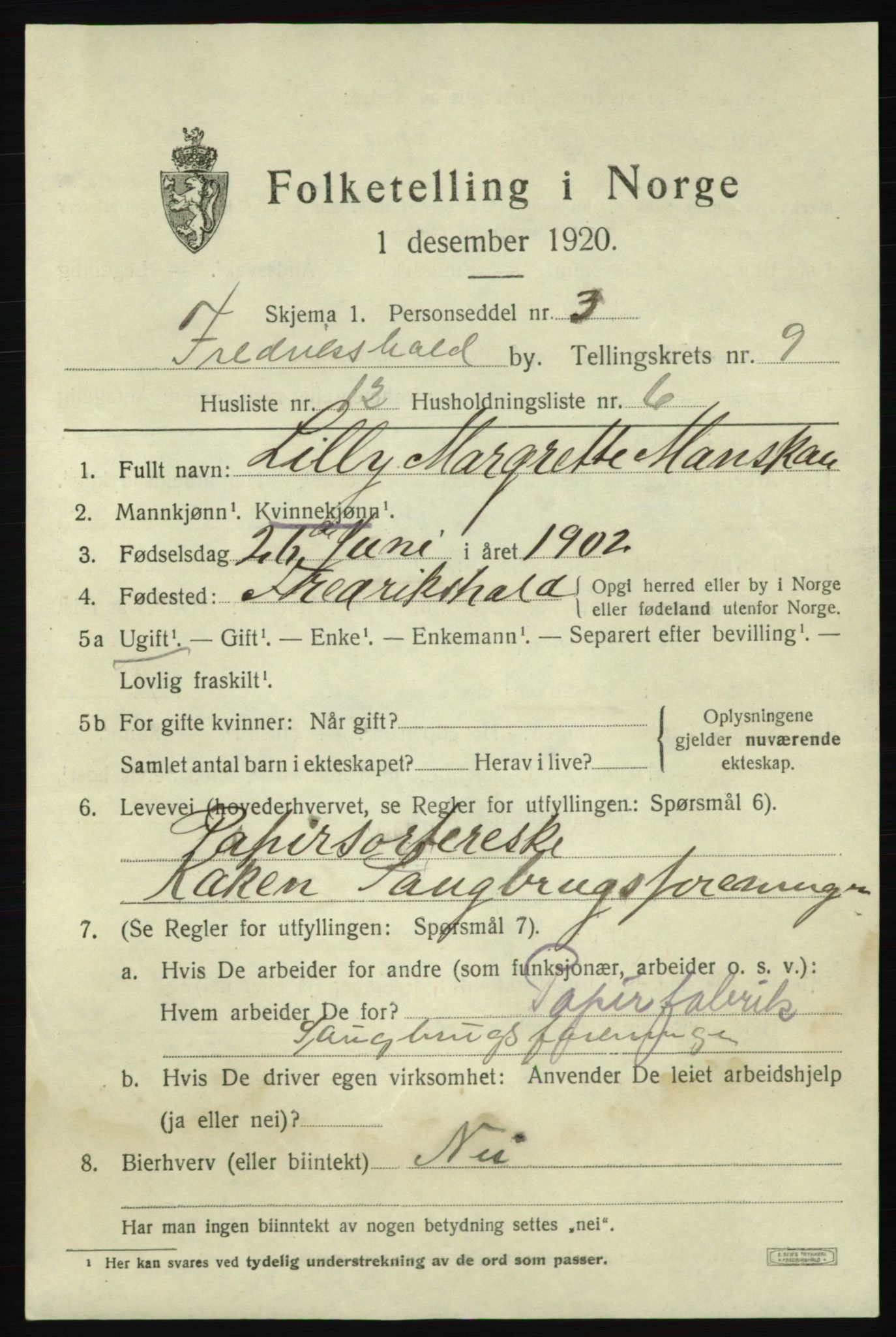 SAO, 1920 census for Fredrikshald, 1920, p. 16064