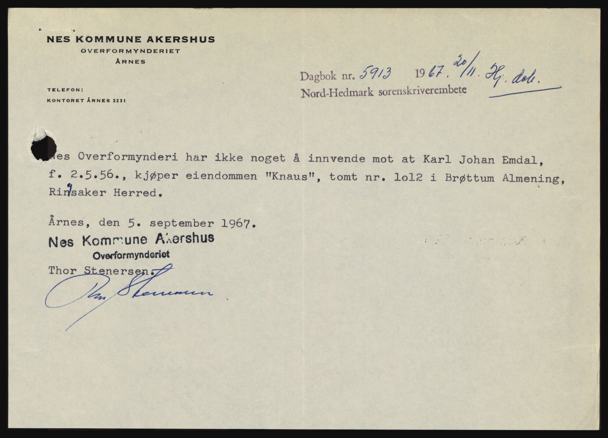 Nord-Hedmark sorenskriveri, SAH/TING-012/H/Hc/L0027: Mortgage book no. 27, 1967-1968, Diary no: : 5913/1967