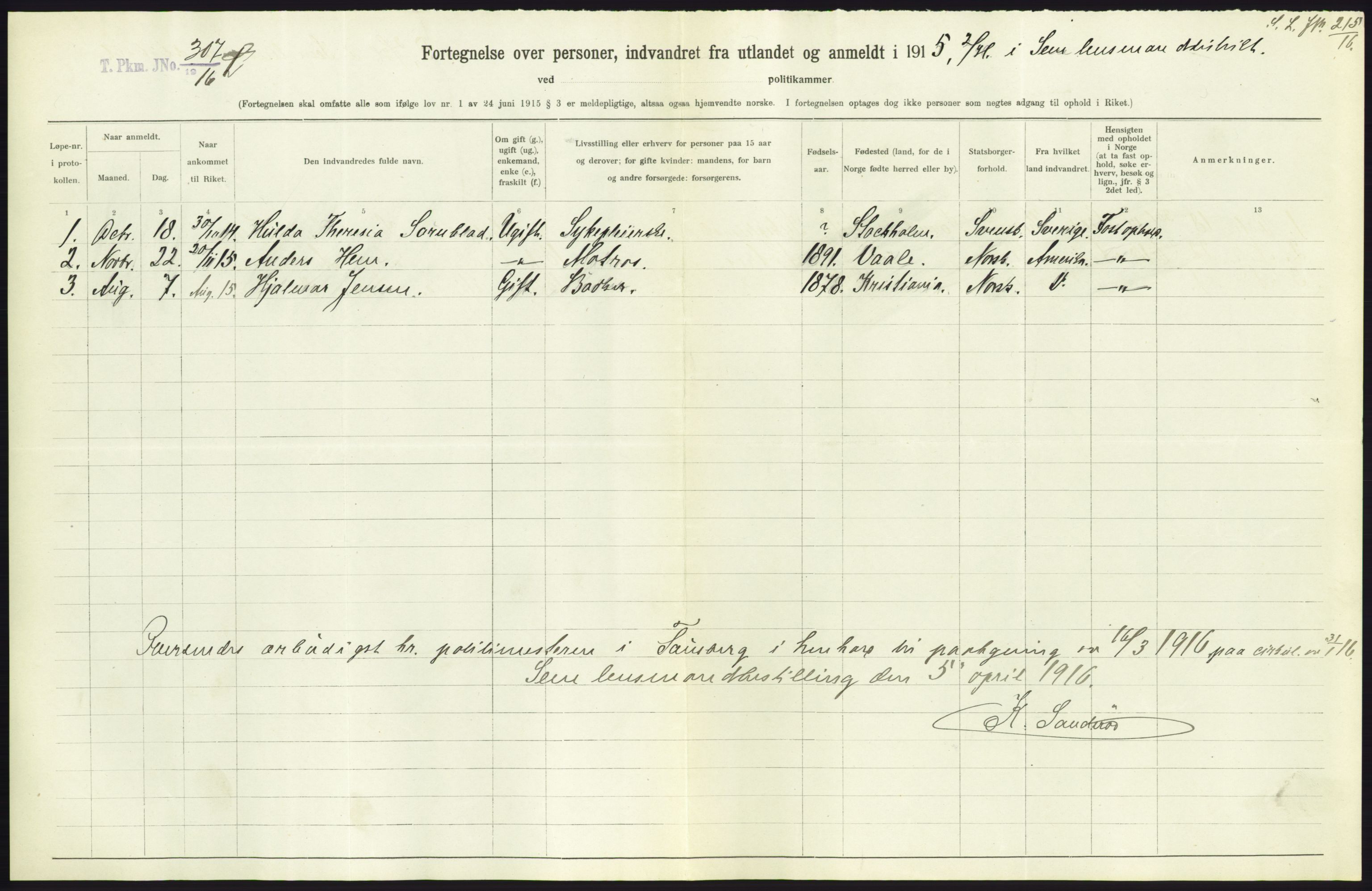 Statistisk sentralbyrå, Sosioøkonomiske emner, Folketellinger, boliger og boforhold, AV/RA-S-2231/F/Fa/L0001: Innvandring. Navn/fylkesvis, 1915, p. 276