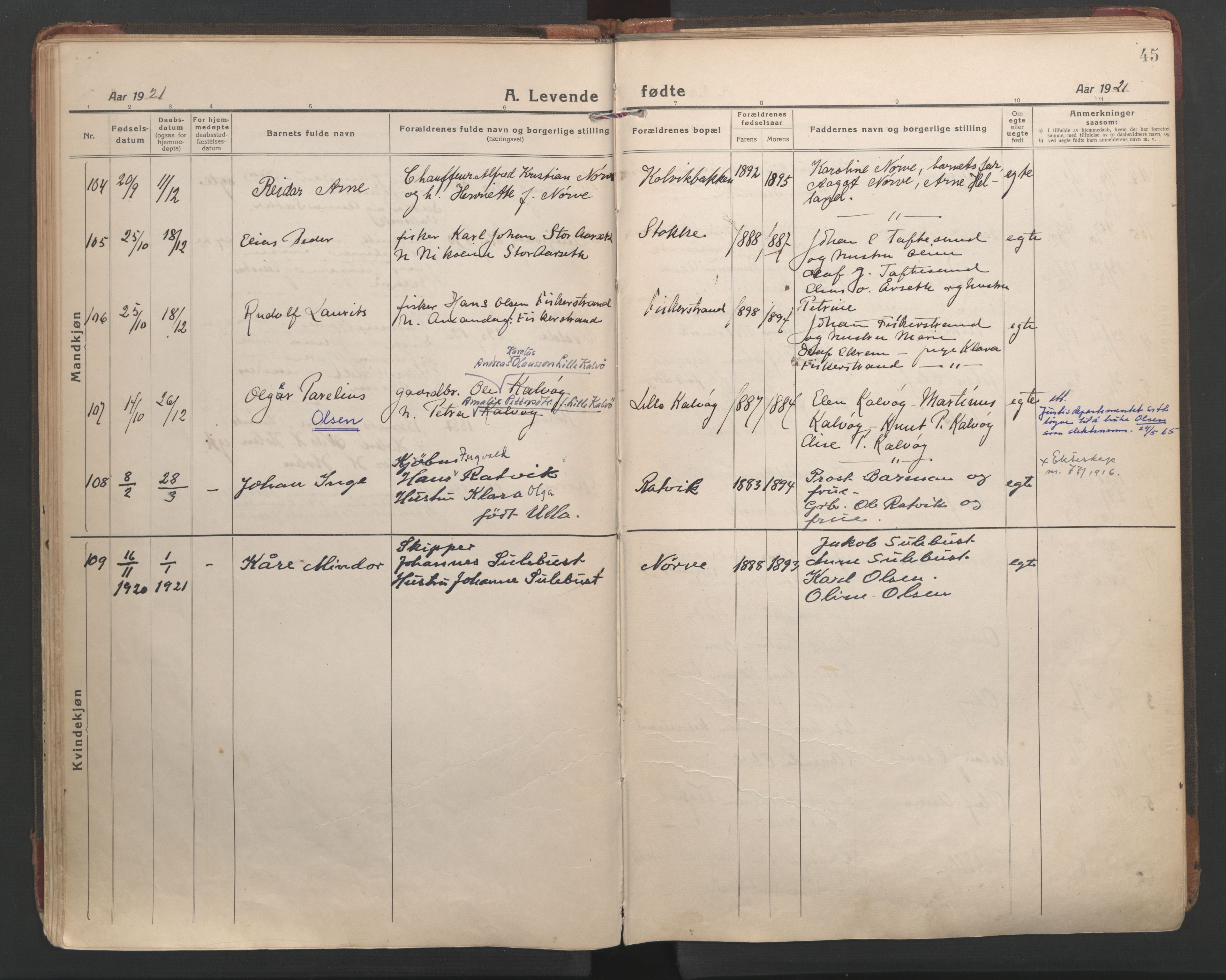 Ministerialprotokoller, klokkerbøker og fødselsregistre - Møre og Romsdal, AV/SAT-A-1454/528/L0412: Parish register (official) no. 528A21, 1920-1926, p. 45