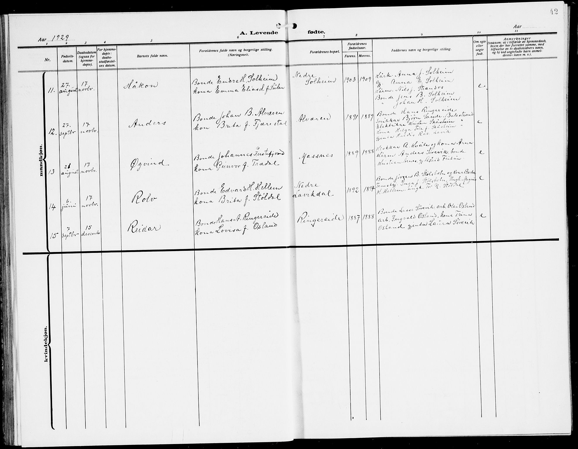 Lavik sokneprestembete, AV/SAB-A-80901: Parish register (copy) no. A 3, 1911-1942, p. 42