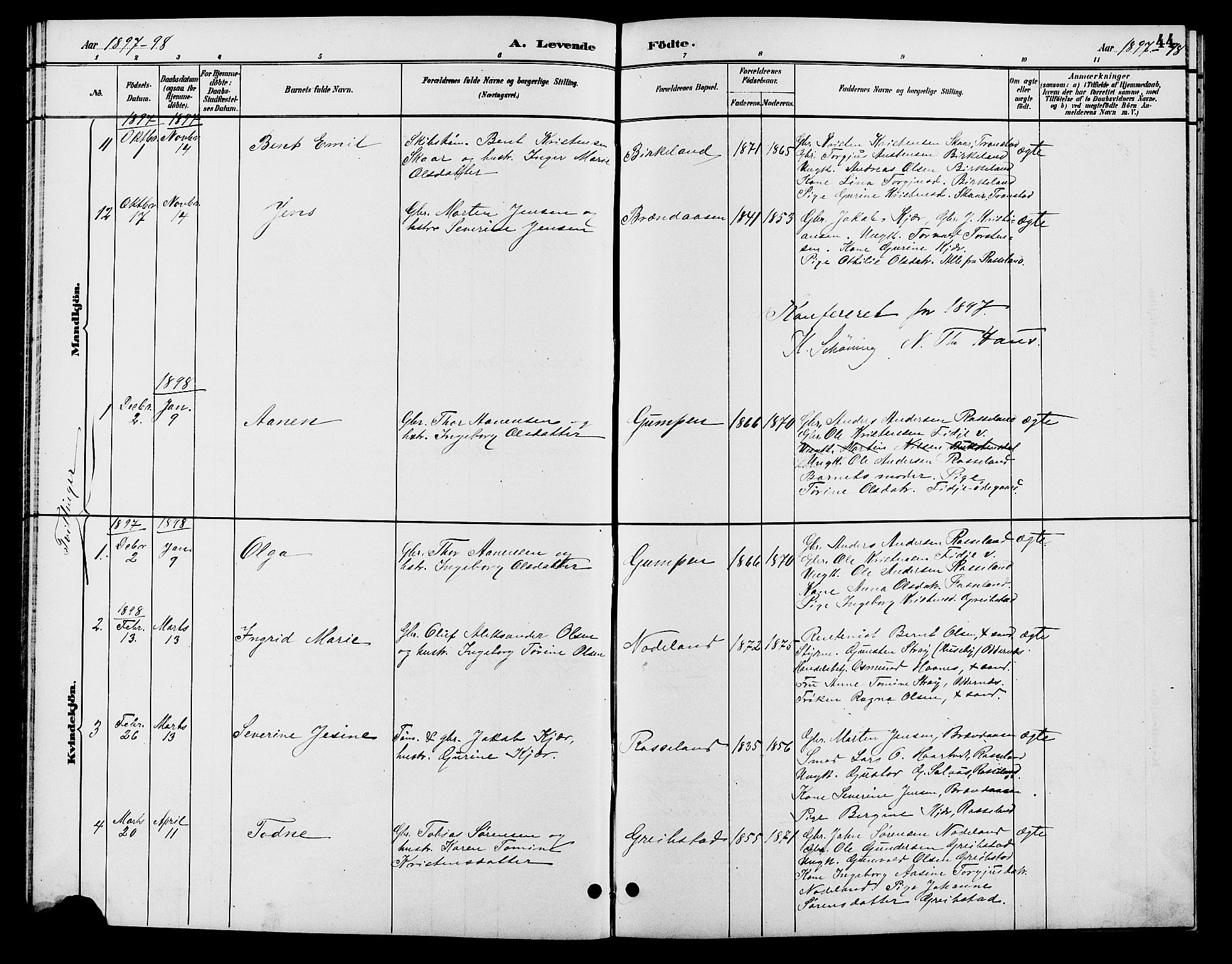 Søgne sokneprestkontor, SAK/1111-0037/F/Fb/Fba/L0004: Parish register (copy) no. B 4, 1888-1903, p. 44