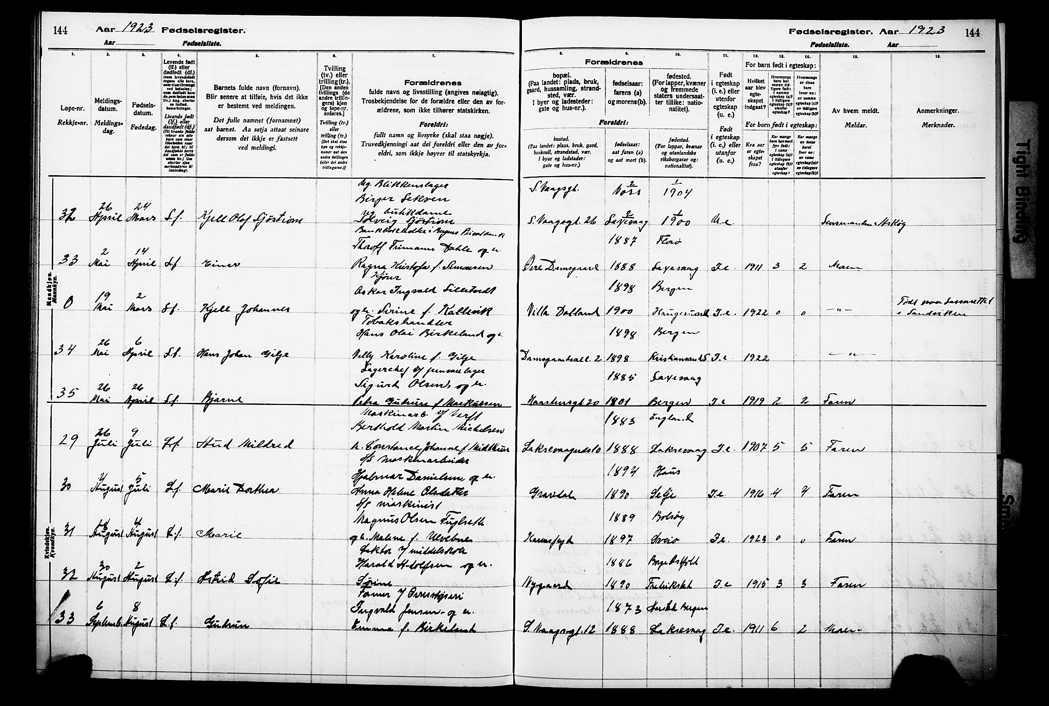 Laksevåg Sokneprestembete, AV/SAB-A-76501/I/Id/L00A1: Birth register no. A 1, 1916-1926, p. 144