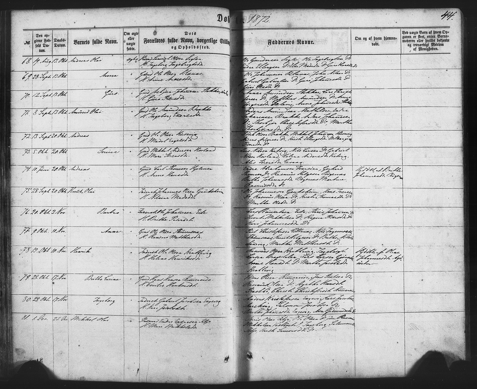 Fitjar sokneprestembete, SAB/A-99926: Parish register (official) no. A 1, 1862-1881, p. 44