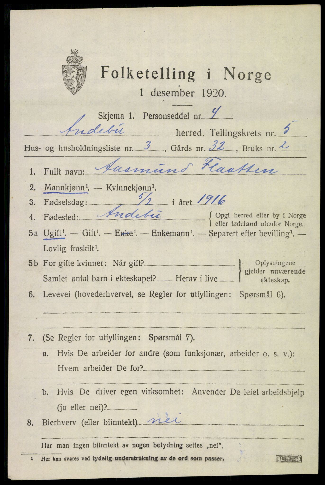 SAKO, 1920 census for Andebu, 1920, p. 2670