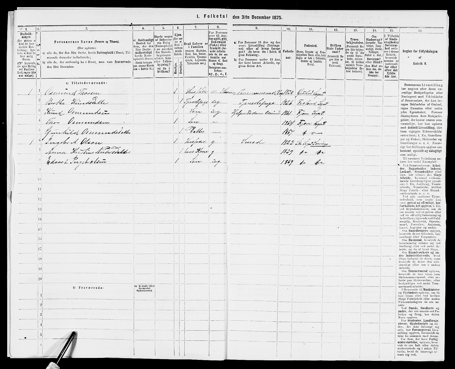 SAK, 1875 census for 0923L Fjære/Fjære, 1875, p. 524