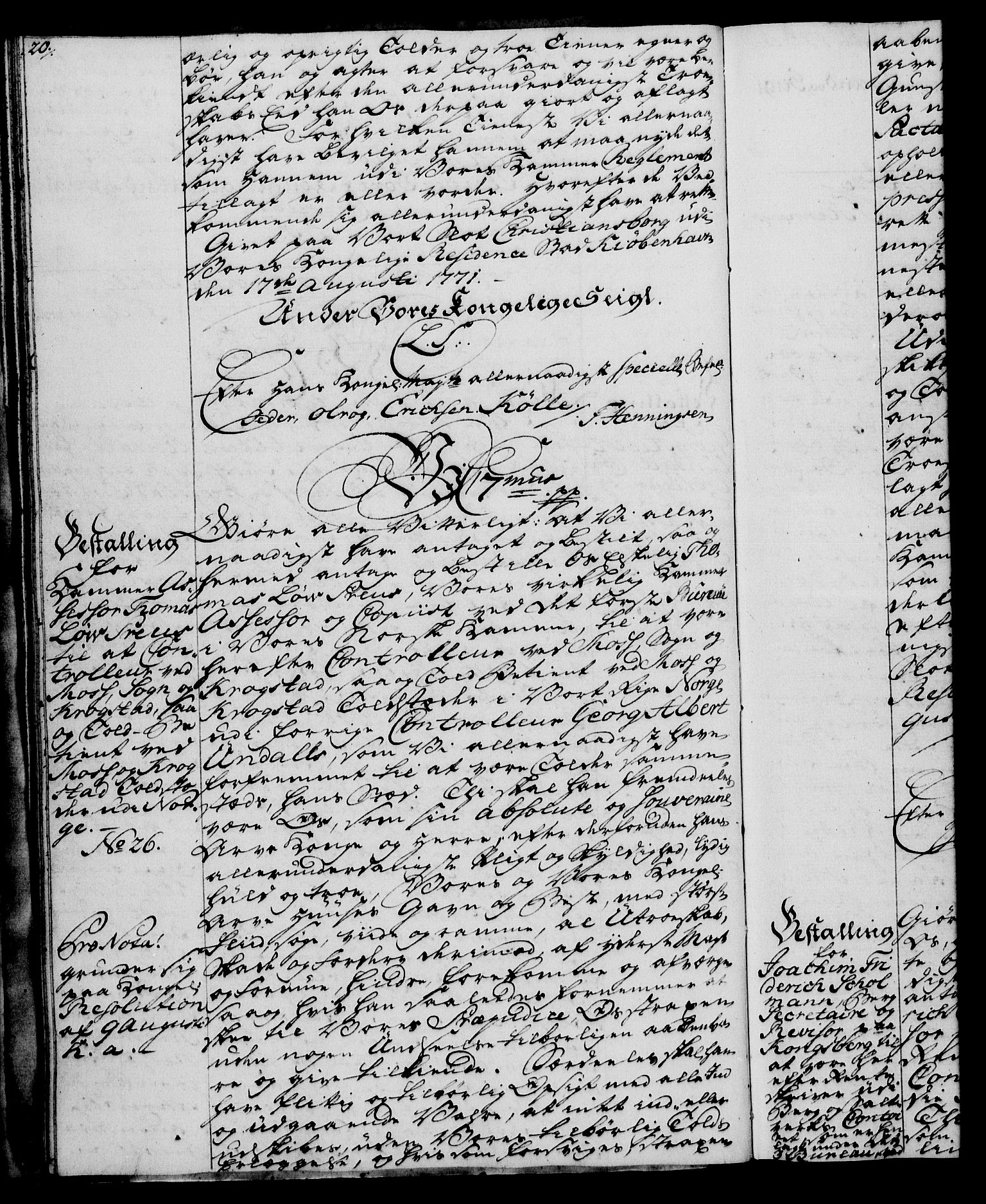 Rentekammeret, Kammerkanselliet, RA/EA-3111/G/Gg/Gge/L0005: Norsk bestallingsprotokoll med register (merket RK 53.29), 1771-1773, p. 20