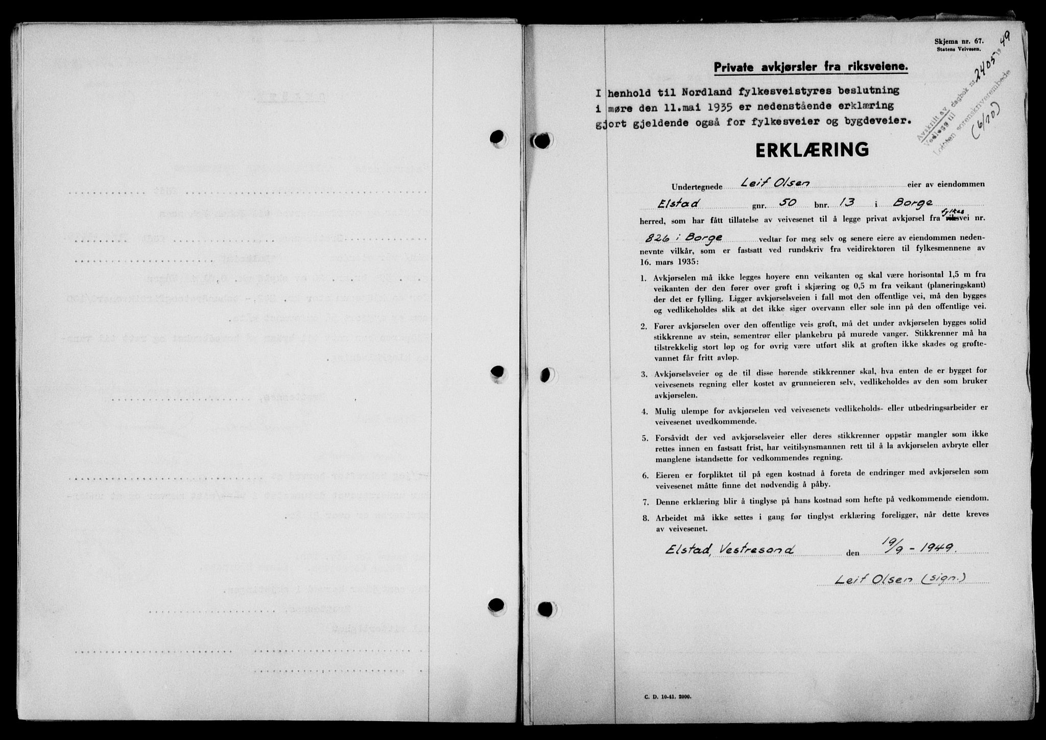 Lofoten sorenskriveri, SAT/A-0017/1/2/2C/L0022a: Mortgage book no. 22a, 1949-1950, Diary no: : 2405/1949