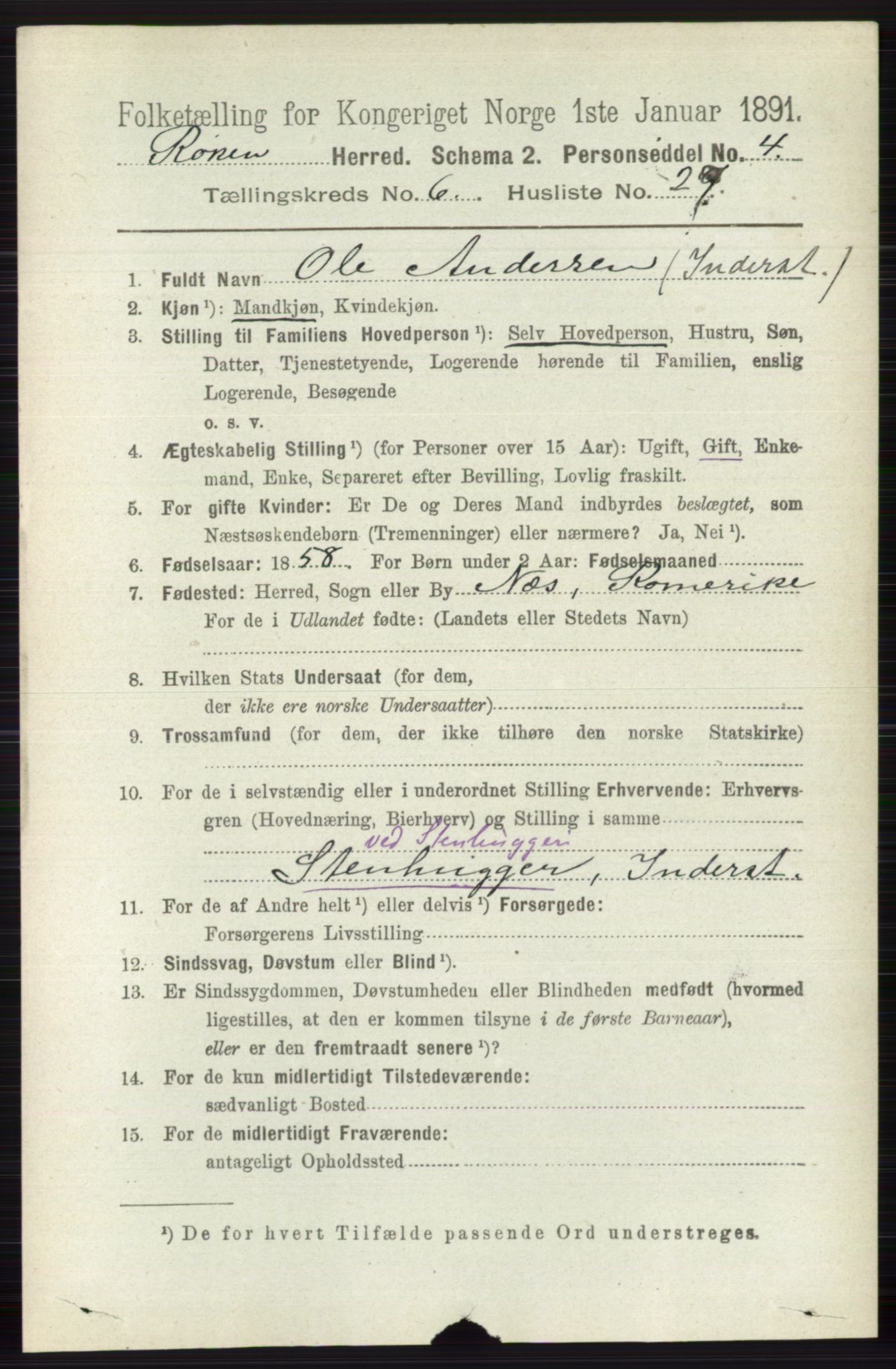 RA, 1891 census for 0627 Røyken, 1891, p. 3772