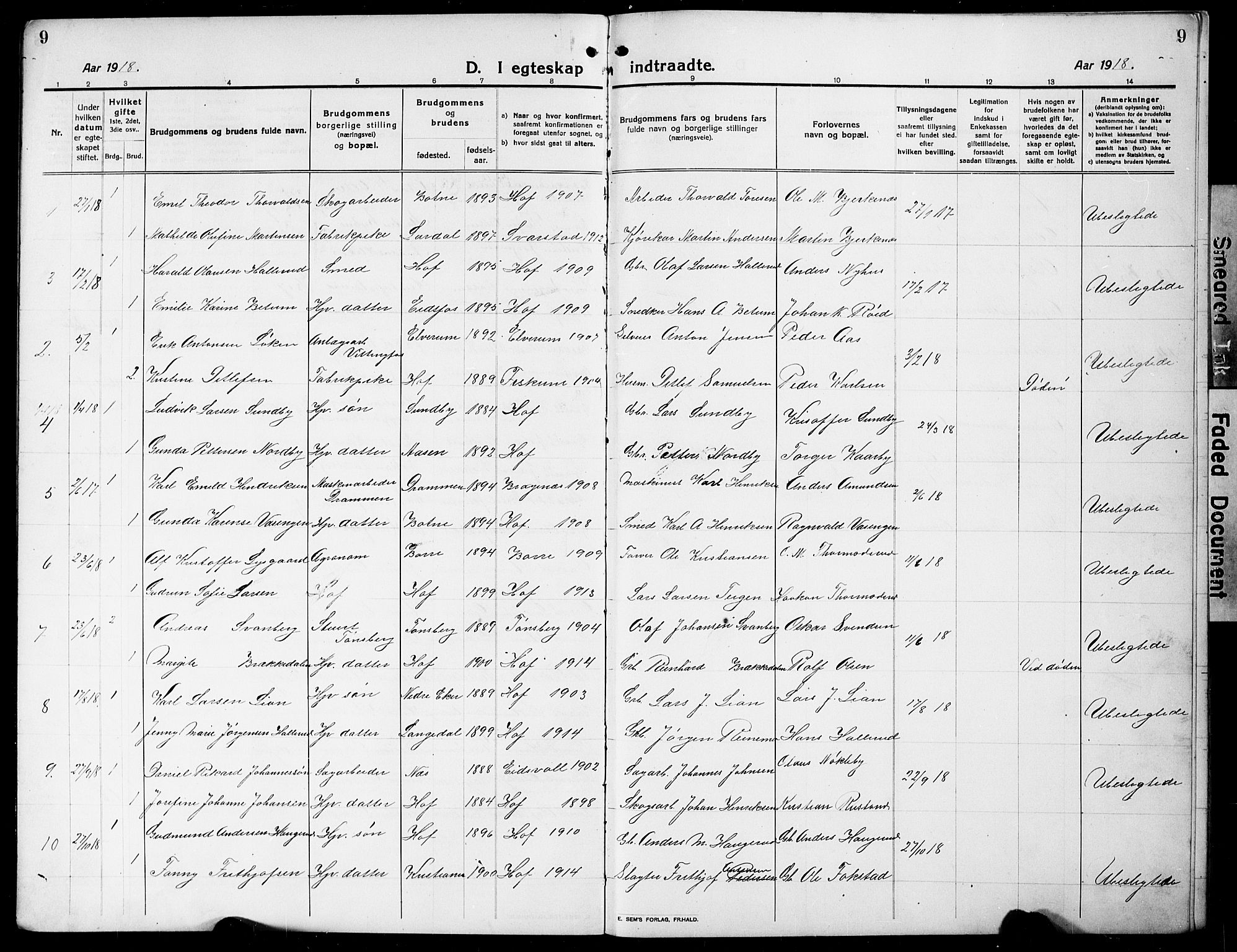 Hof kirkebøker, SAKO/A-64/G/Ga/L0007: Parish register (copy) no. I 7, 1911-1930, p. 9