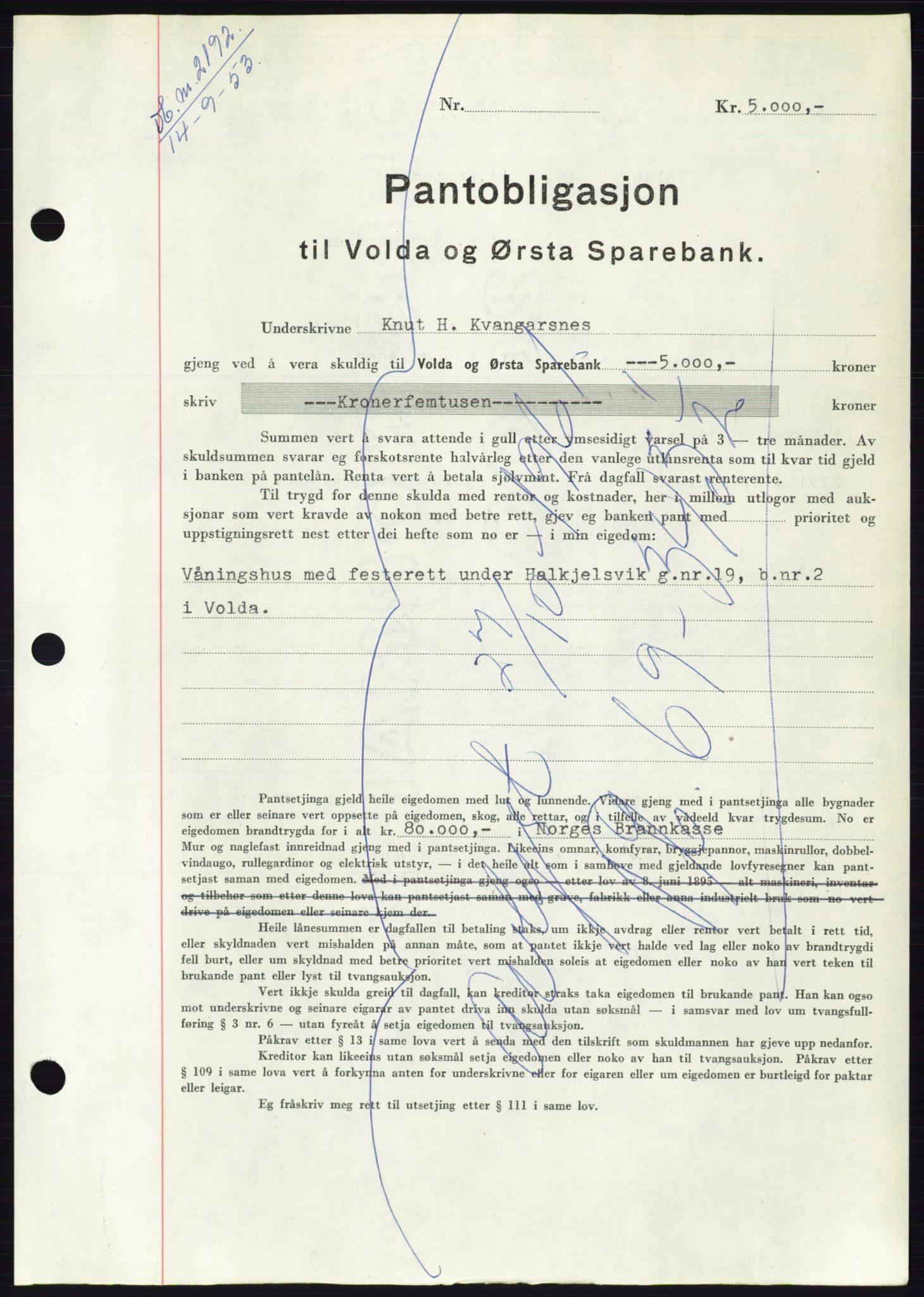 Søre Sunnmøre sorenskriveri, AV/SAT-A-4122/1/2/2C/L0123: Mortgage book no. 11B, 1953-1953, Diary no: : 2192/1953