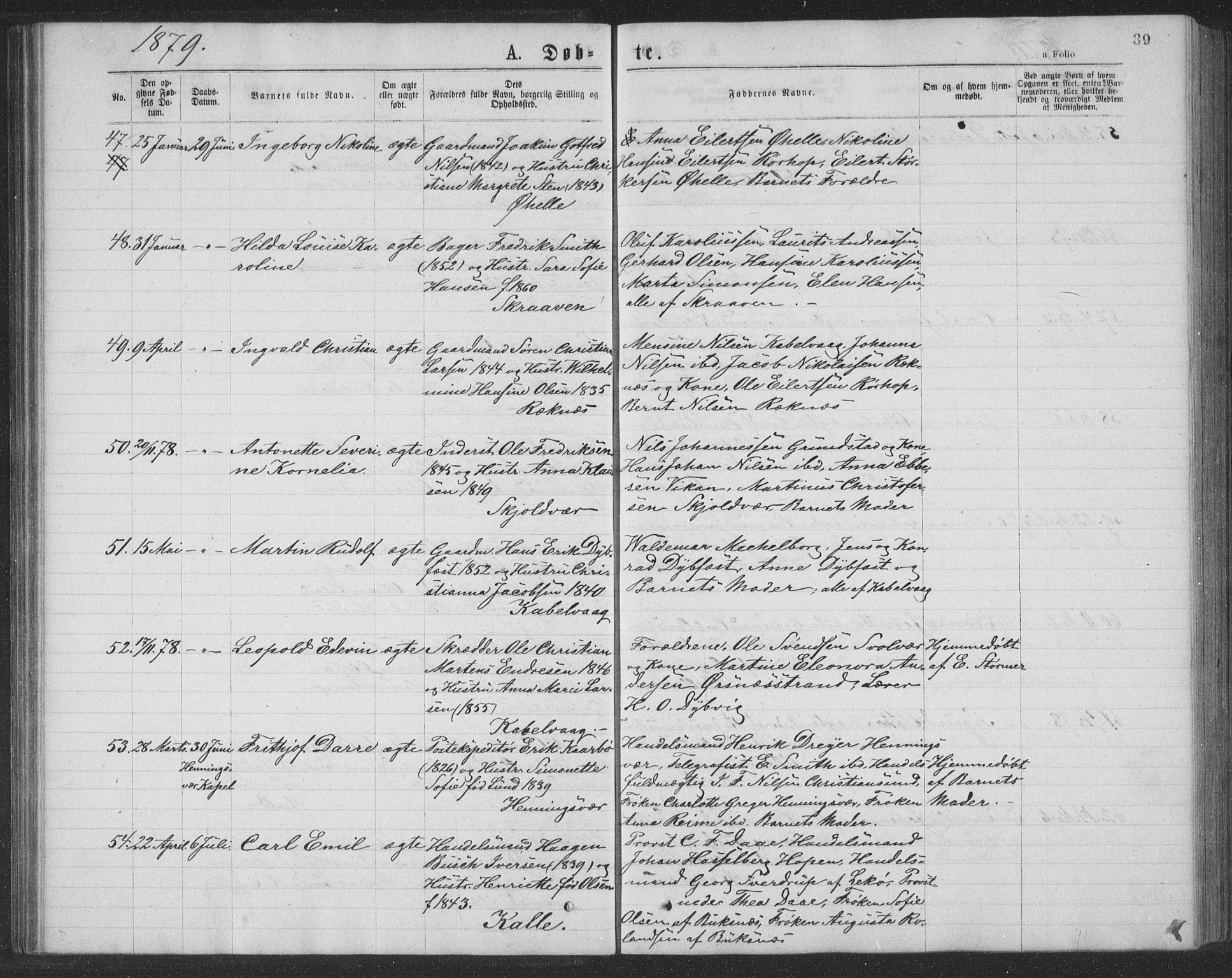 Ministerialprotokoller, klokkerbøker og fødselsregistre - Nordland, SAT/A-1459/874/L1075: Parish register (copy) no. 874C04, 1876-1883, p. 39