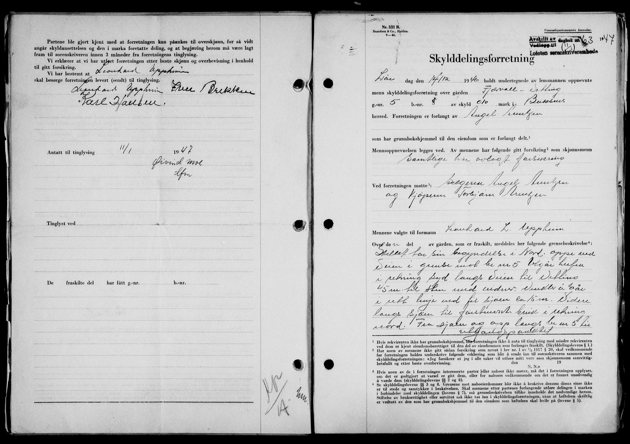 Lofoten sorenskriveri, SAT/A-0017/1/2/2C/L0015a: Mortgage book no. 15a, 1946-1947, Diary no: : 63/1947