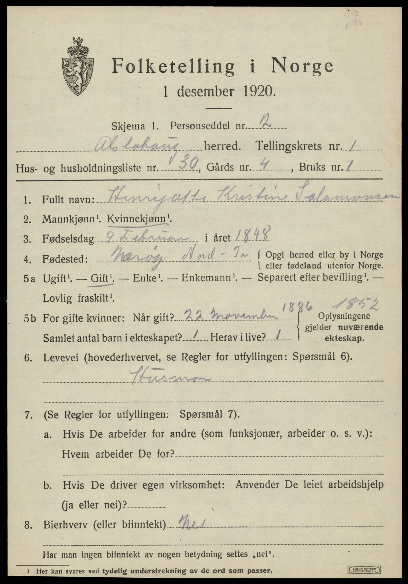 SAT, 1920 census for Alstahaug, 1920, p. 839