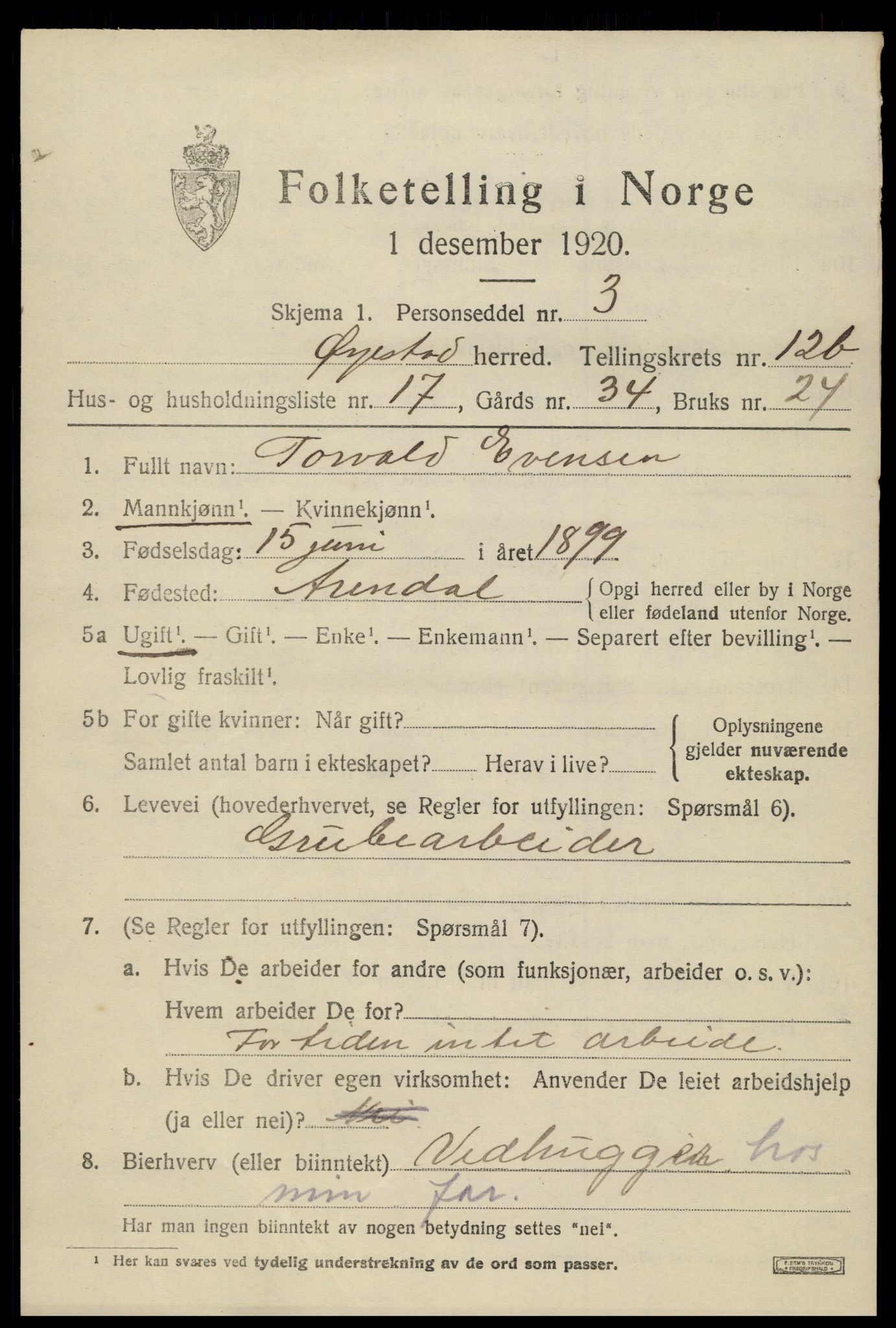 SAK, 1920 census for Øyestad, 1920, p. 7692