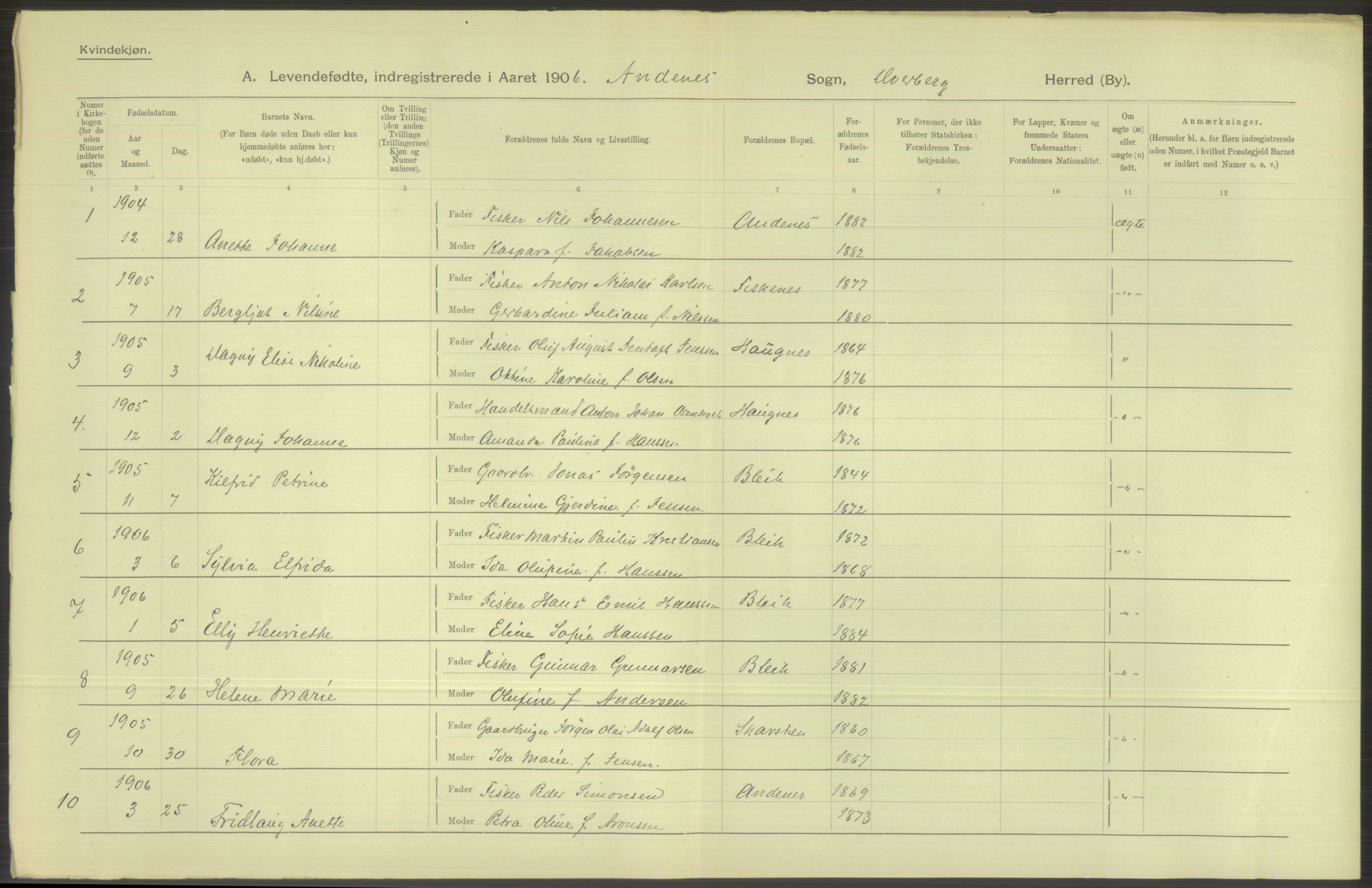 Statistisk sentralbyrå, Sosiodemografiske emner, Befolkning, AV/RA-S-2228/D/Df/Dfa/Dfad/L0044: Nordlands amt: Levendefødte menn og kvinner. Bygder., 1906, p. 18