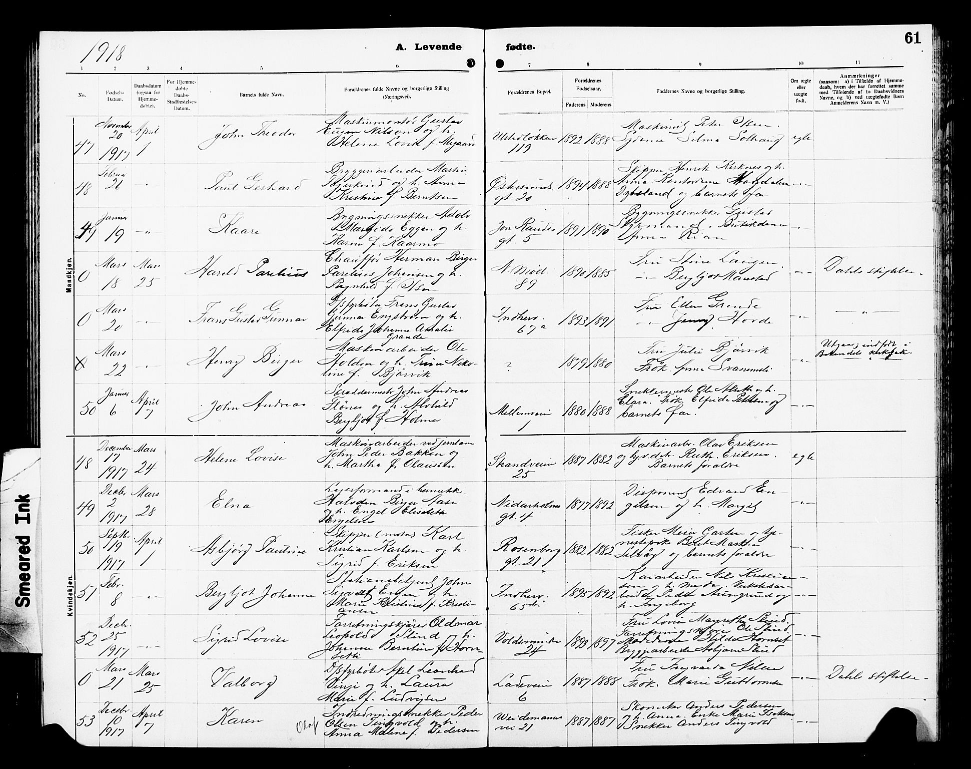 Ministerialprotokoller, klokkerbøker og fødselsregistre - Sør-Trøndelag, SAT/A-1456/605/L0256: Parish register (copy) no. 605C03, 1916-1920, p. 61