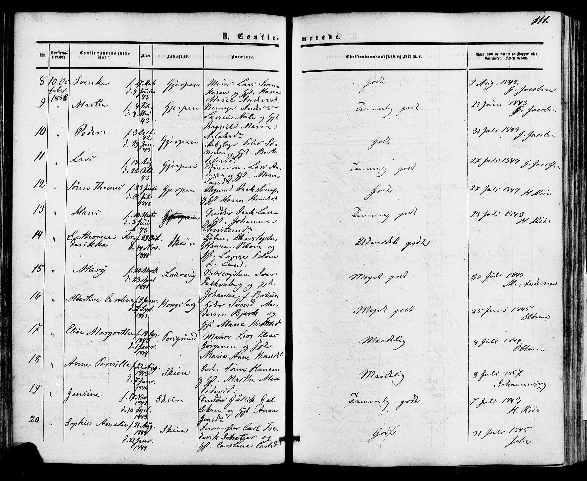 Skien kirkebøker, AV/SAKO-A-302/F/Fa/L0007: Parish register (official) no. 7, 1856-1865, p. 111