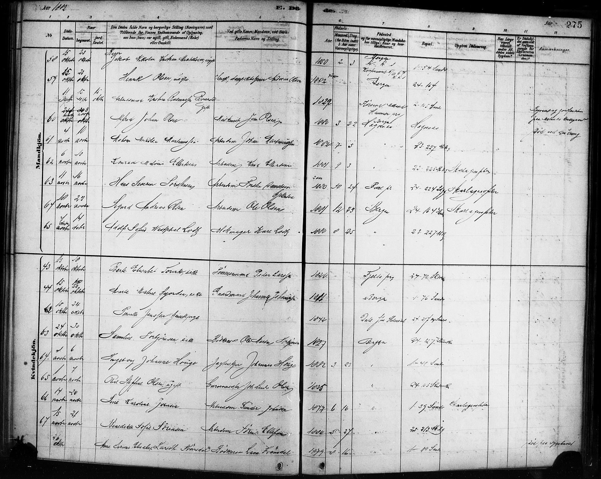 Sandviken Sokneprestembete, AV/SAB-A-77601/H/Ha/L0002: Parish register (official) no. A 2, 1878-1896, p. 275