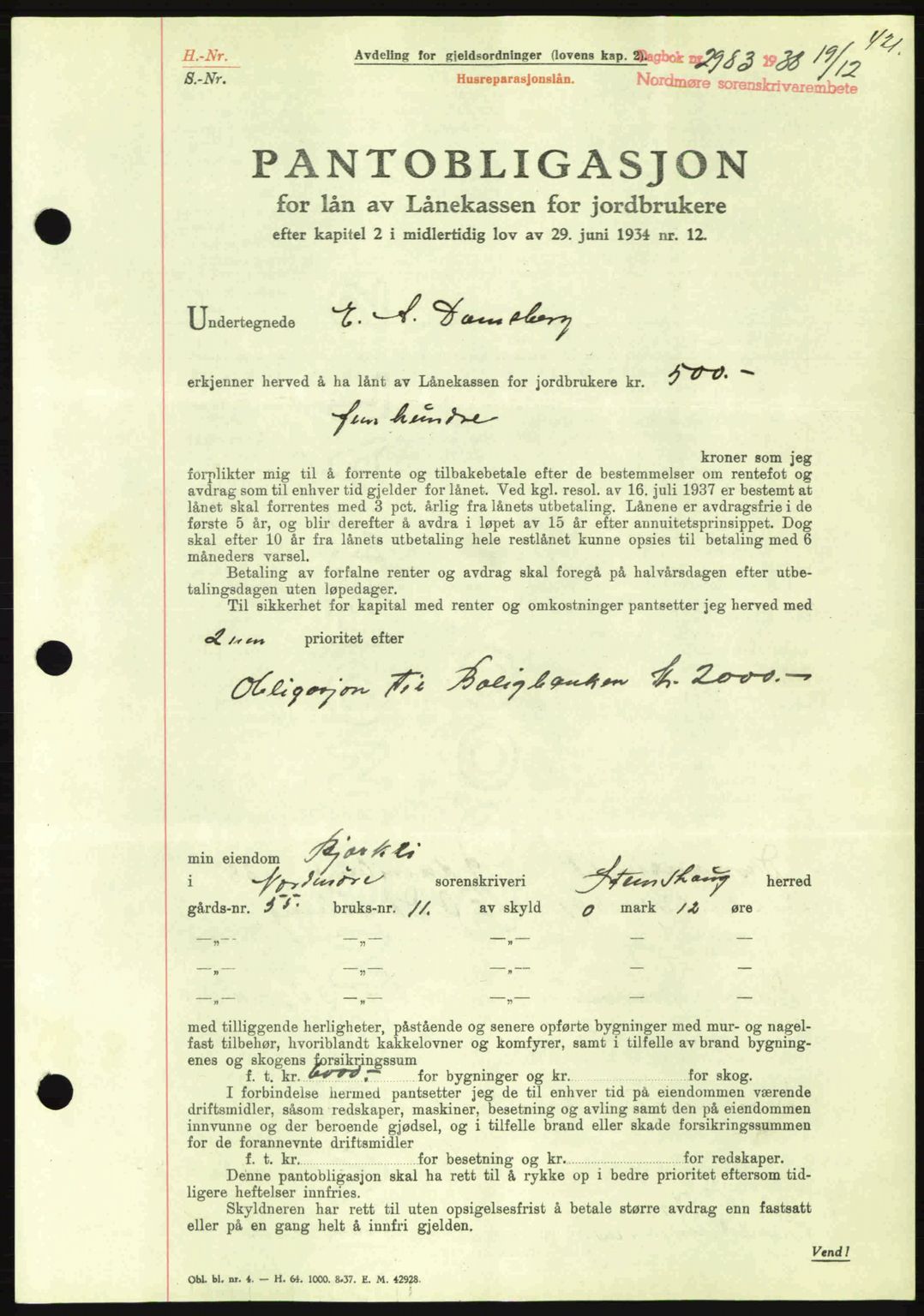 Nordmøre sorenskriveri, SAT/A-4132/1/2/2Ca: Mortgage book no. B84, 1938-1939, Diary no: : 2983/1938