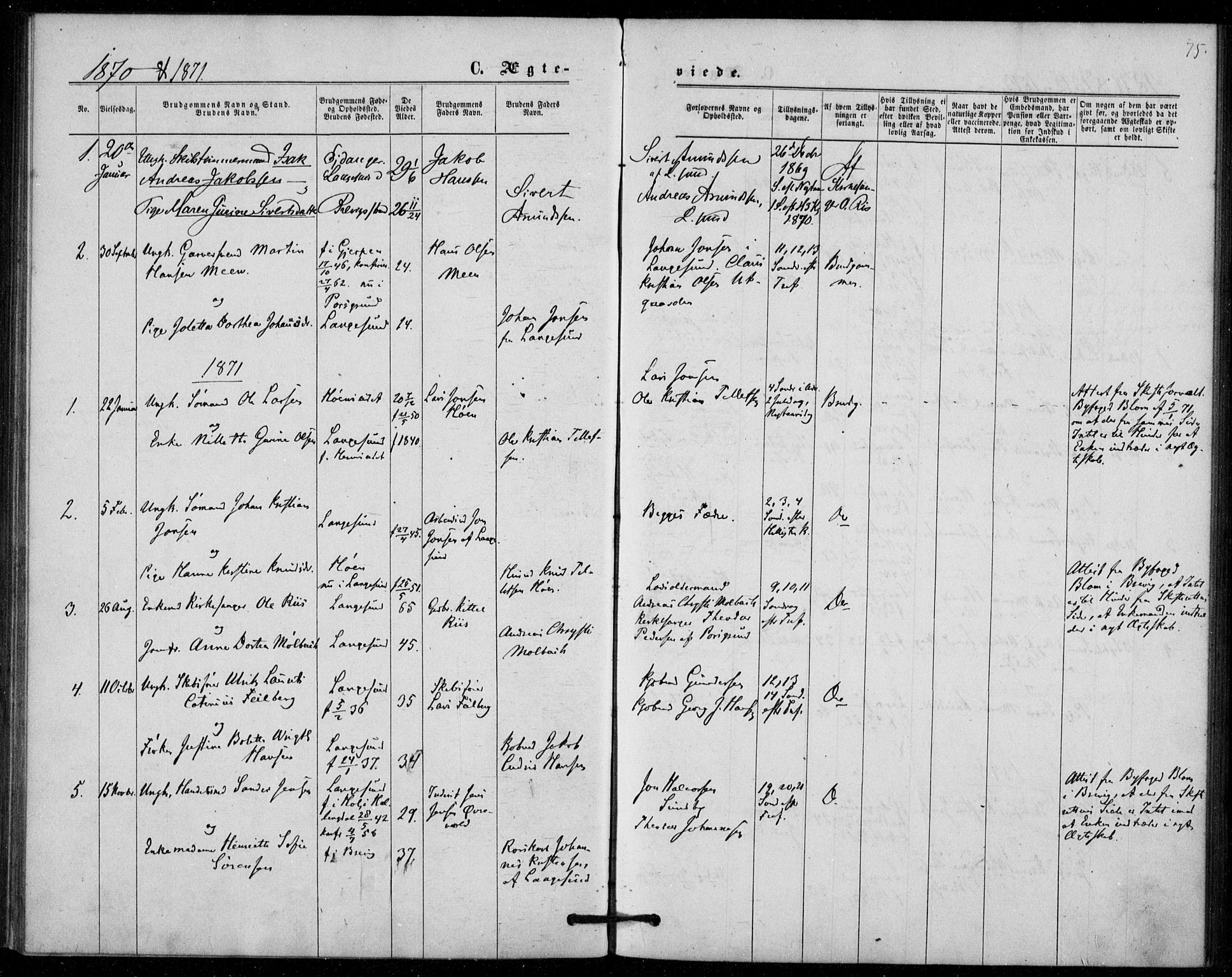 Langesund kirkebøker, SAKO/A-280/F/Fa/L0001: Parish register (official) no. 1, 1870-1877, p. 75