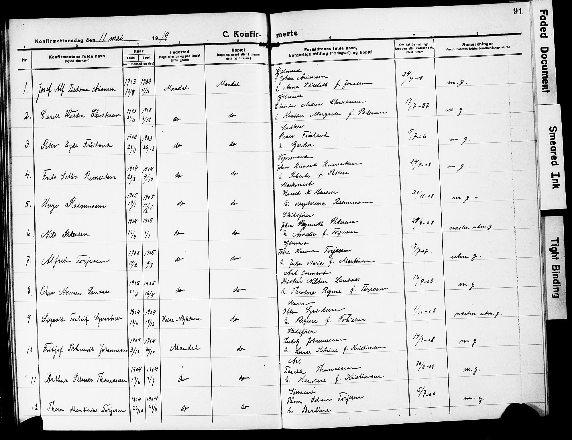 Mandal sokneprestkontor, AV/SAK-1111-0030/F/Fb/Fbc/L0001: Parish register (copy) no. B 1, 1918-1931, p. 91