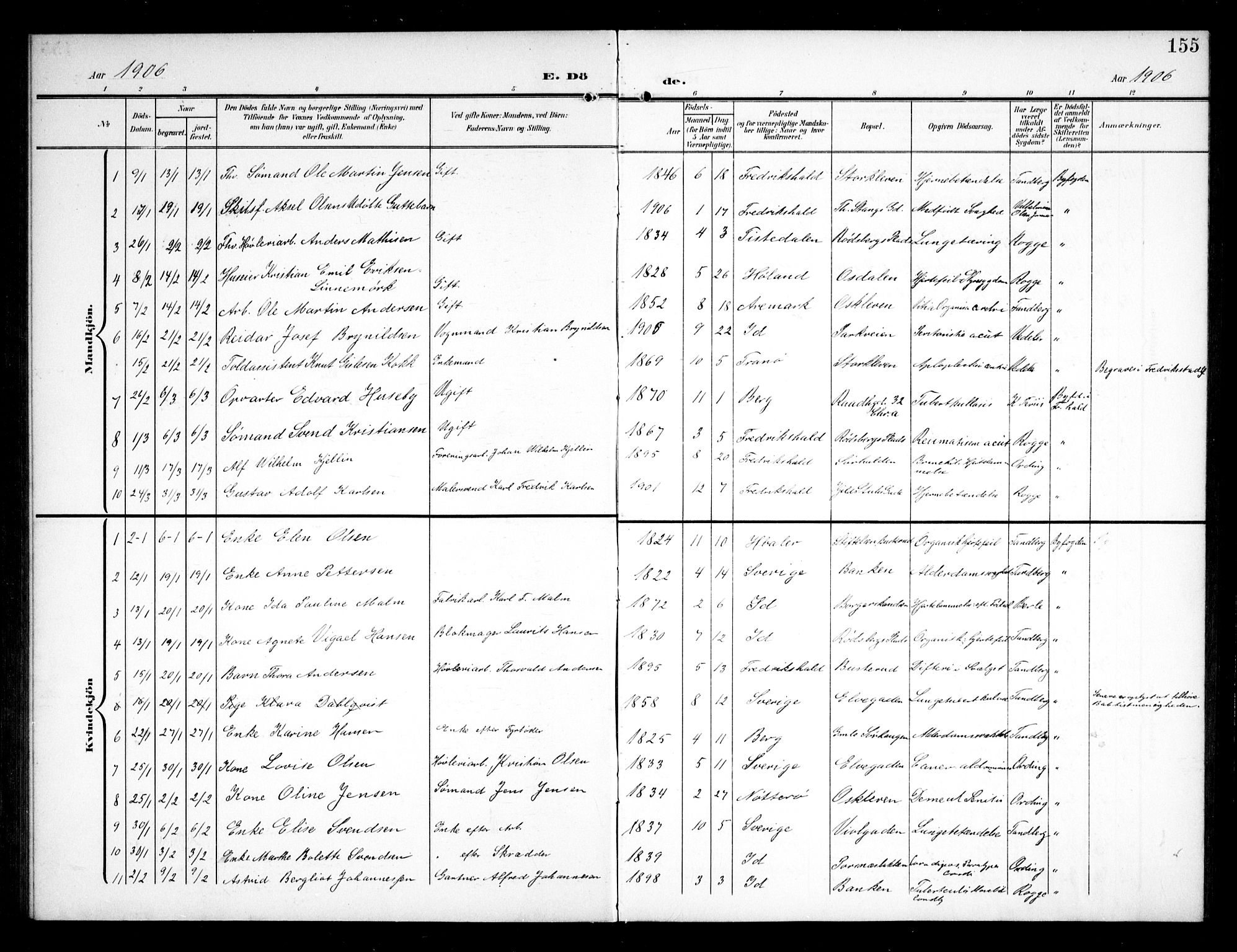 Halden prestekontor Kirkebøker, SAO/A-10909/G/Ga/L0011: Parish register (copy) no. 11, 1906-1934, p. 155